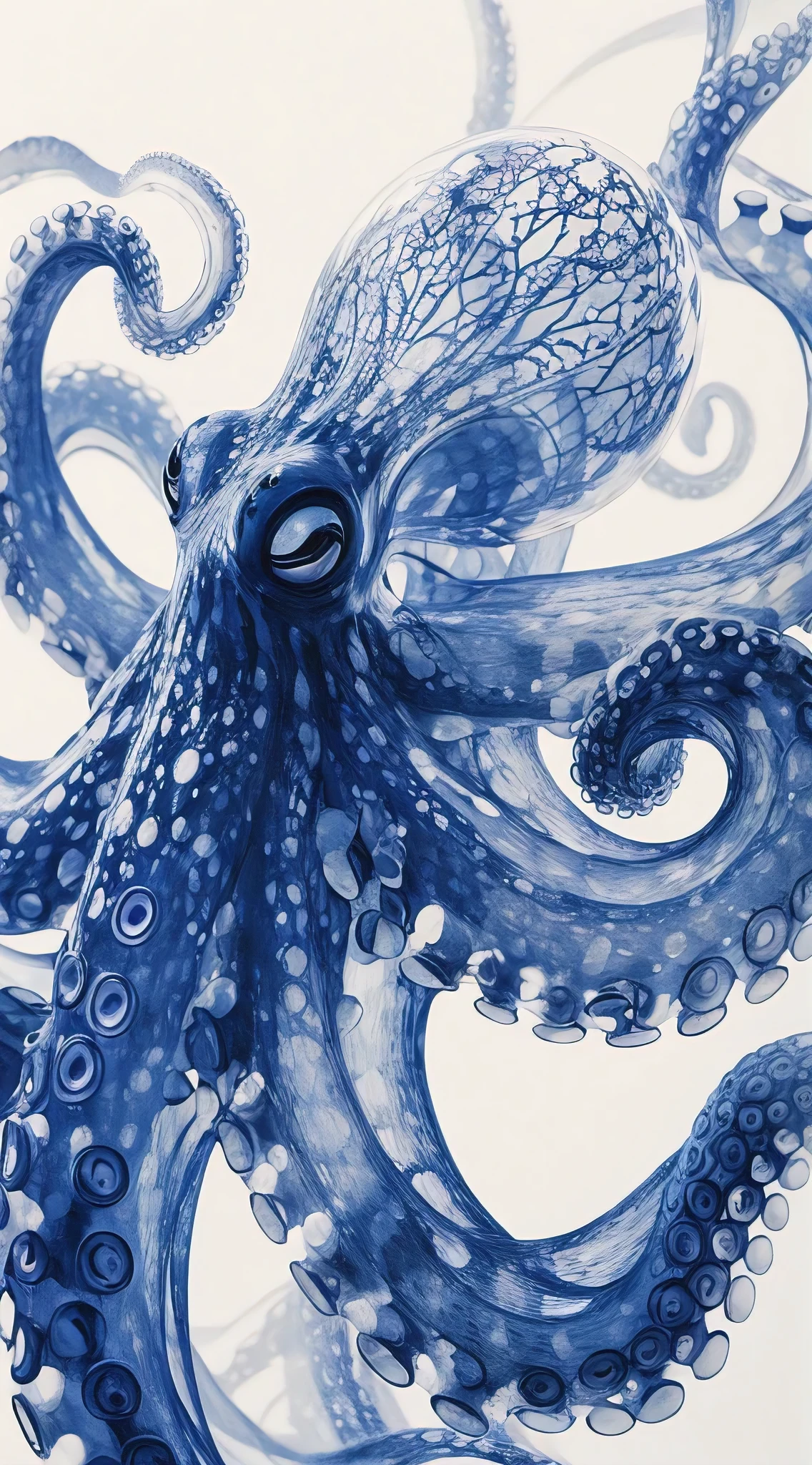 the xray image of a octopus has been taken,close up, only show part of the object, in the style of mori kei, precisionist art, plastic, deconstructed minimalism, atmospheric blues, elegantly formal, workshop, white background, professional product phorography, 8K