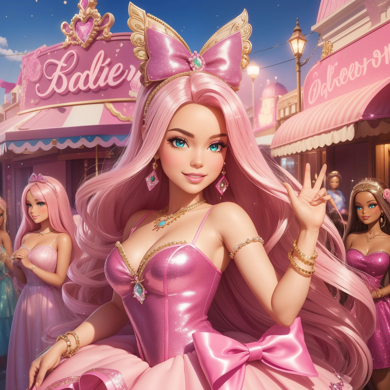 In this captivating image, the size of a round Instagram profile picture, we encounter the pink-themed area dedicated to the iconic Barbie doll, elegantly named "LadyAysa." The sign welcoming visitors boasts Barbie-themed decorations, radiating a burst of femininity and playfulness. Pink bows adorn the sign in elegant curves, while glitter adds a touch of sparkle and magic. The beloved doll herself graces the sign, her iconic features and radiant smile beckoning visitors to immerse themselves in her world. With each detail, the image evokes a sense of charm and excitement that one can only find in the enchanting realm of Barbie.