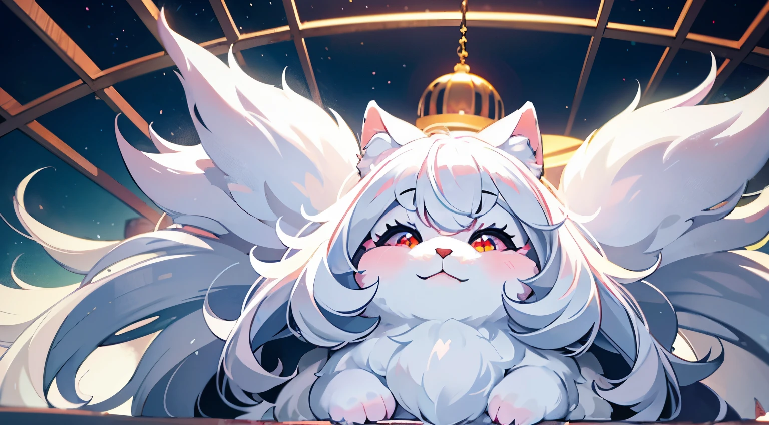 Close-up of a white rabbit, sitting in a cage, fluffy mane, soft and fluffy, very fluffy, super fluffy, fluffy face, outrageously fluffy, fluffy manes of fur, fluffy white fur, fluffy!!!, fluffy!!!, The rabbit has pink fur, fluffy fluffy fur, fluffy body, White hair, with white fluffy fur