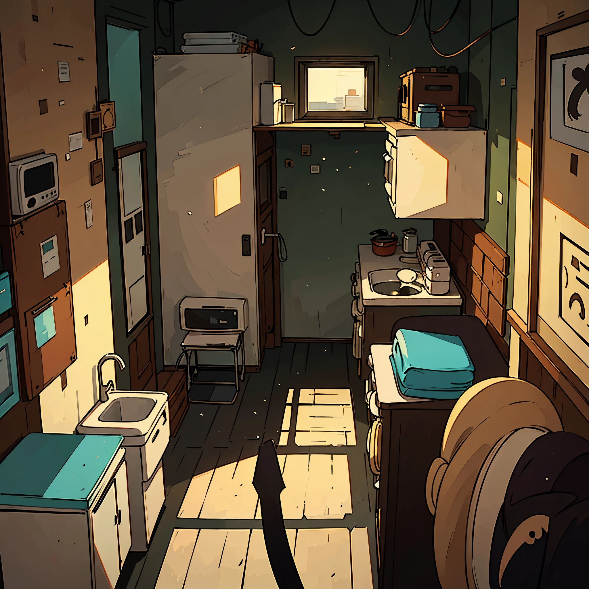 perfect anime illustration, Old Apartment, Sovetskaya Apartment, night, dirty, cheaply, Ultra-fine detail, Accent lighting, dark, without people, cool shades, kitchen, refrigerator, background image, View from a person's face, Deserted