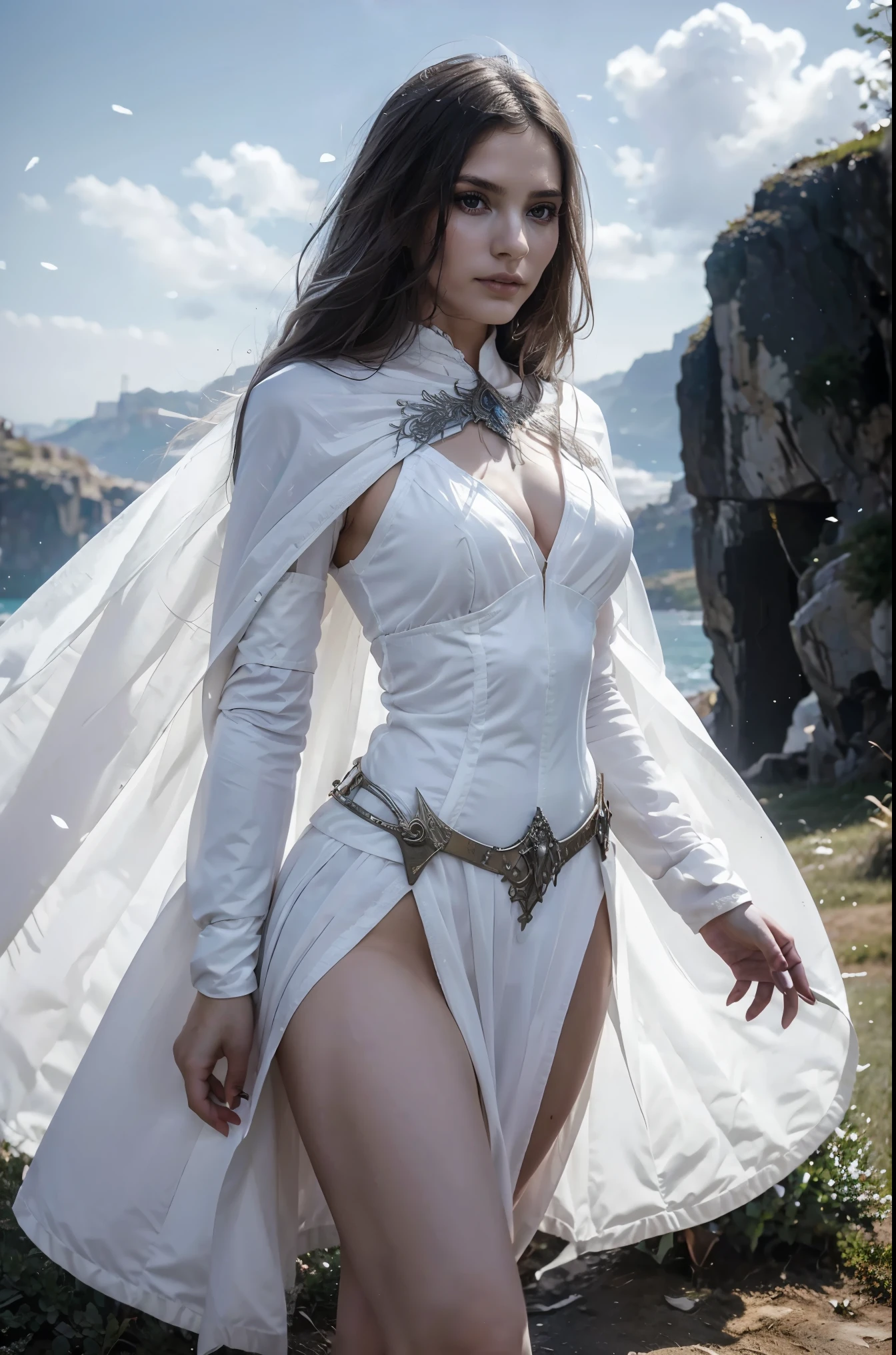 Linda mulher imperadora, The skin is crystal clear, beautiful appearance, There is deep wisdom in your eyes, It's like I've seen everything in the world, Vestindo um lindo manto branco, segurando uma espada longa, The cloak dances in the wind,Cabelo prateado tremula ao vento, o manto branco delineia perfeitamente a figura graciosa, Maneira gentil e pastoral, como uma fada perfeita