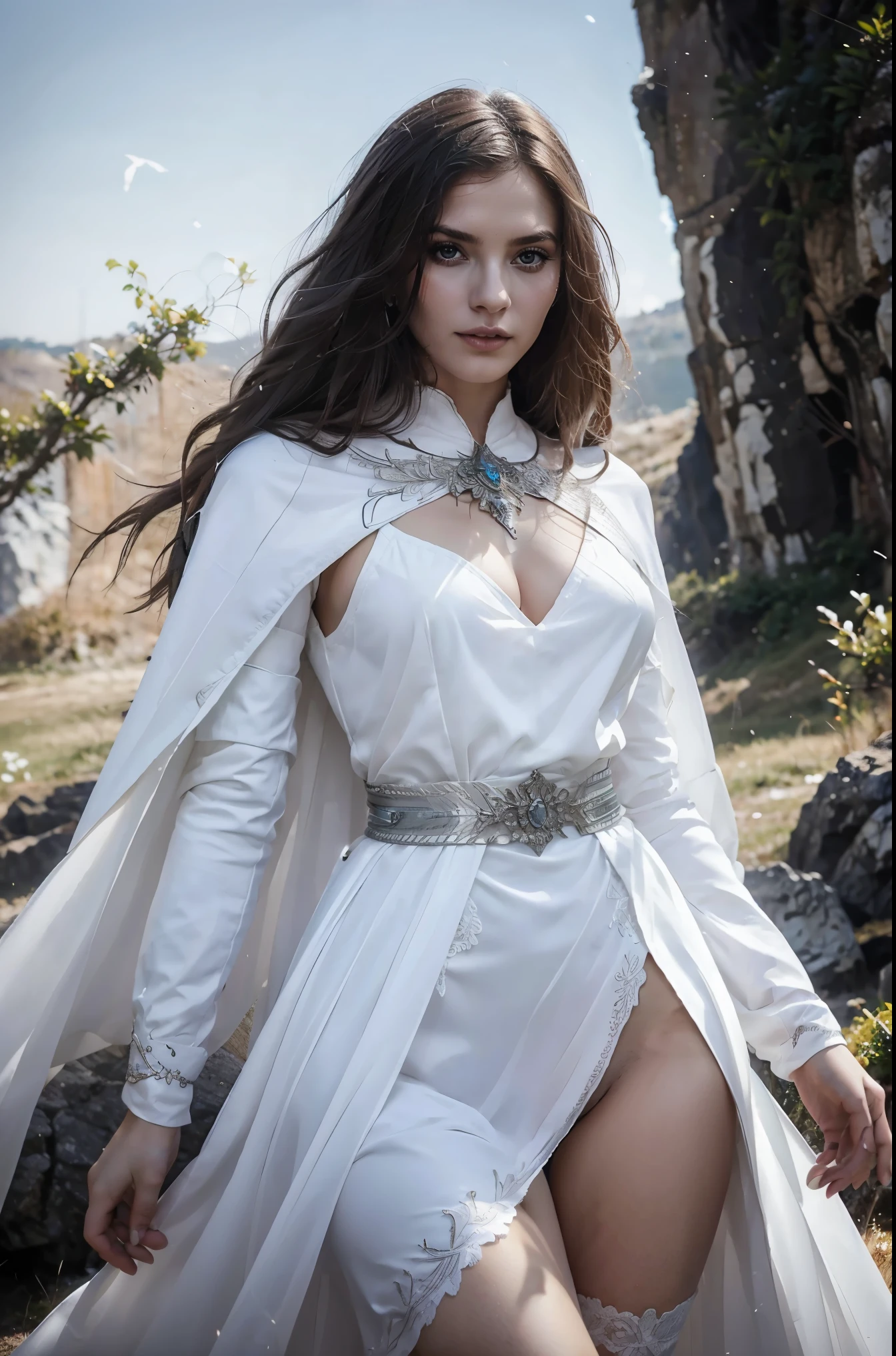 Linda mulher imperadora, The skin is crystal clear, beautiful appearance, There is deep wisdom in your eyes, It's like I've seen everything in the world, Vestindo um lindo manto branco, segurando uma espada longa, The cloak dances in the wind,Cabelo prateado tremula ao vento, o manto branco delineia perfeitamente a figura graciosa, Maneira gentil e pastoral, como uma fada perfeita