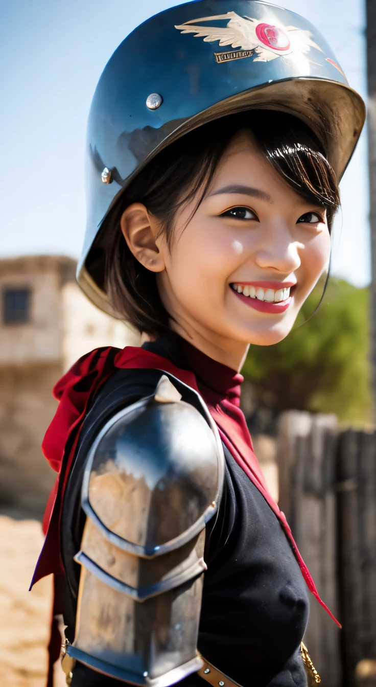 A neat and beautiful woman wearing armor、black hair、smile、beautiful teeth、Background is the association、Wear a Western helmet on your head