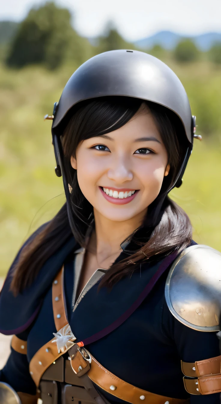 A neat and beautiful woman wearing armor、black hair、smile、beautiful teeth、Background is the association、Wear a Western helmet on your head
