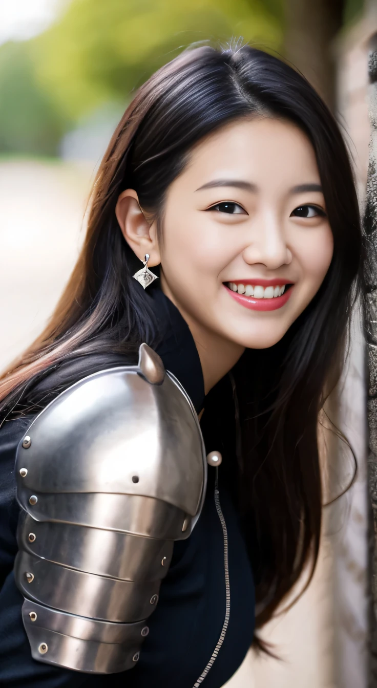 A neat and beautiful woman wearing armor、black hair、ear piercing、smile、beautiful teeth、Background is the association