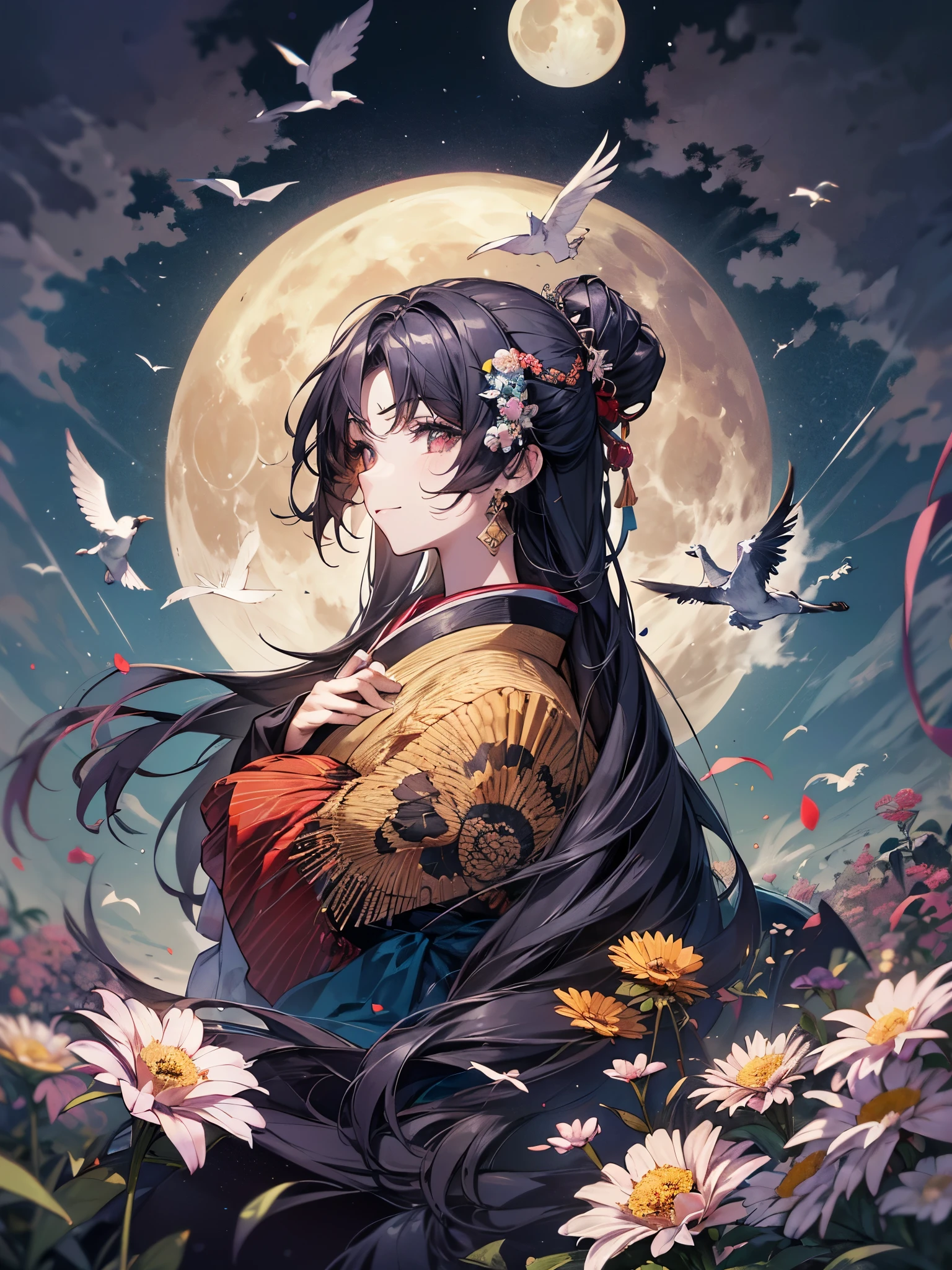 ((highest quality)),(ultra high resolution),(Super detailed),(detailed description),((best CG)),(best work of art),super precision art,amazing drawing art,(Japanese style fantasy art with precise details:1.5), (Flowers, Birds, Wind and Moon:1.5),peace,peacefulness,happiness,