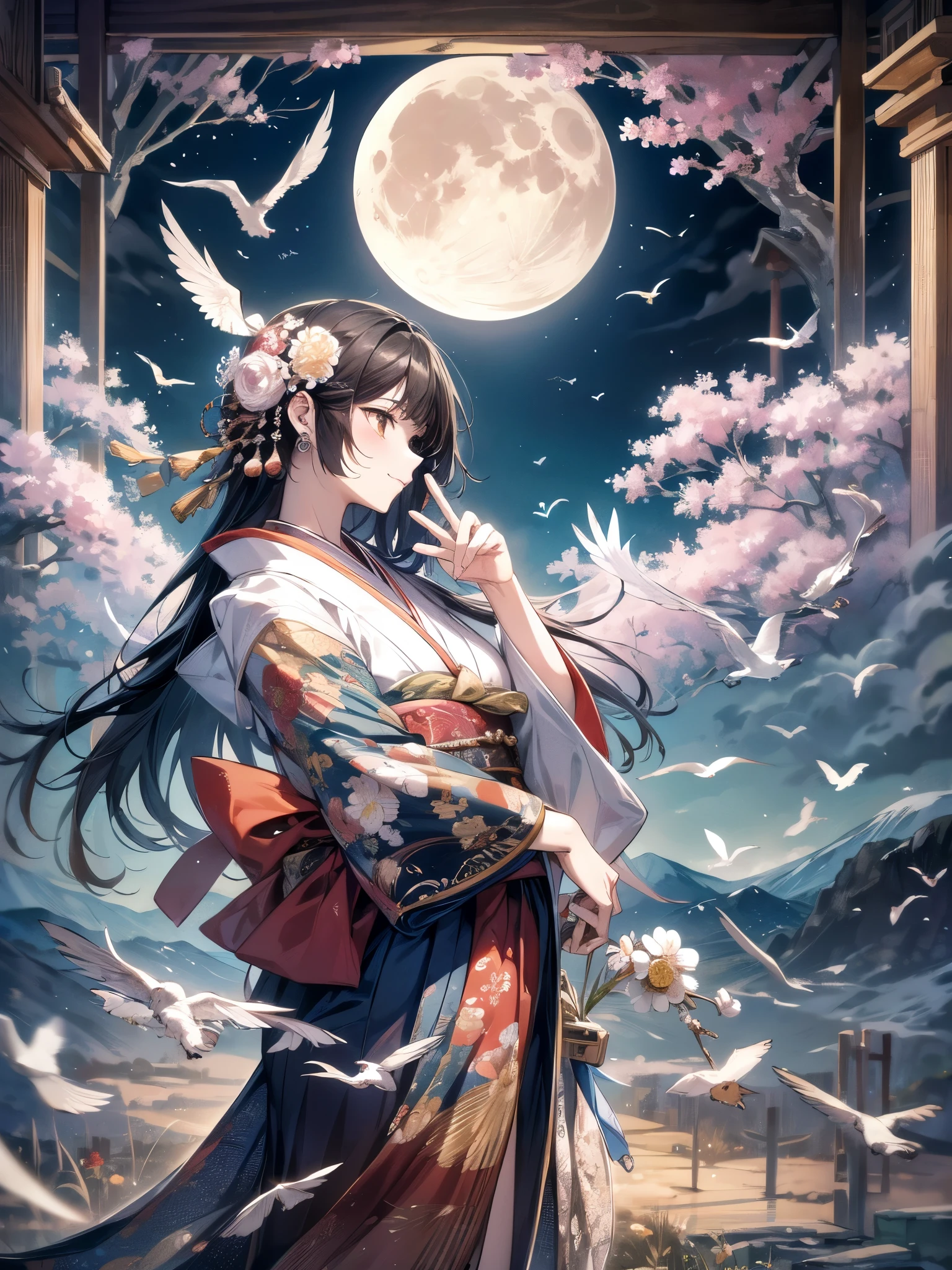 ((highest quality)),(ultra high resolution),(Super detailed),(detailed description),((best CG)),(best work of art),super precision art,amazing drawing art,(Japanese style fantasy art with precise details:1.5), (Flowers, Birds, Wind and Moon:1.5),peace,peacefulness,happiness,
