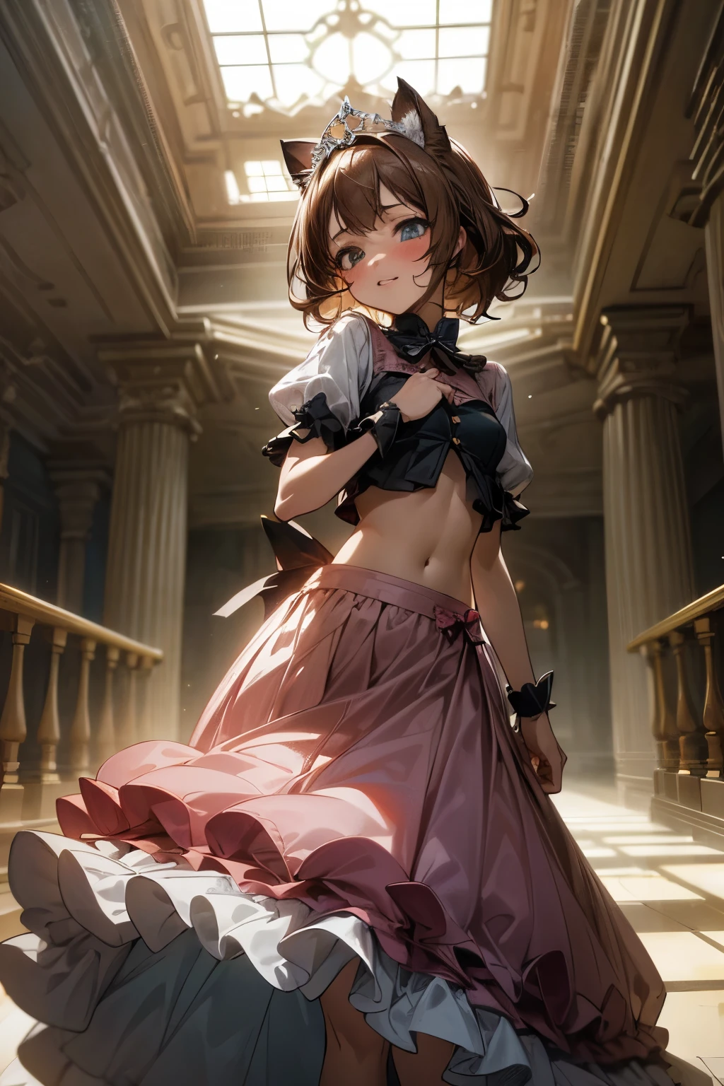 ((Masterpiece)), ((best quality)), (Anime:1.5), (RAW photo:1.2), (High Definition:1.3), (Professional Photography:1.2), ((12 years old)), Textured skin, cinematic lighting, 1girl, wide-shot, (Cute innocent teenage girl), slendar and small breast, very messy medium hair, (Glossy lips), Wearing lolita pink dress, tiara, (exposed stomach), blush and smile, cat ears, pale brown hair, BREAK, ((best quality)), (princess posing in the large hall), (apocalypse atmosphere),