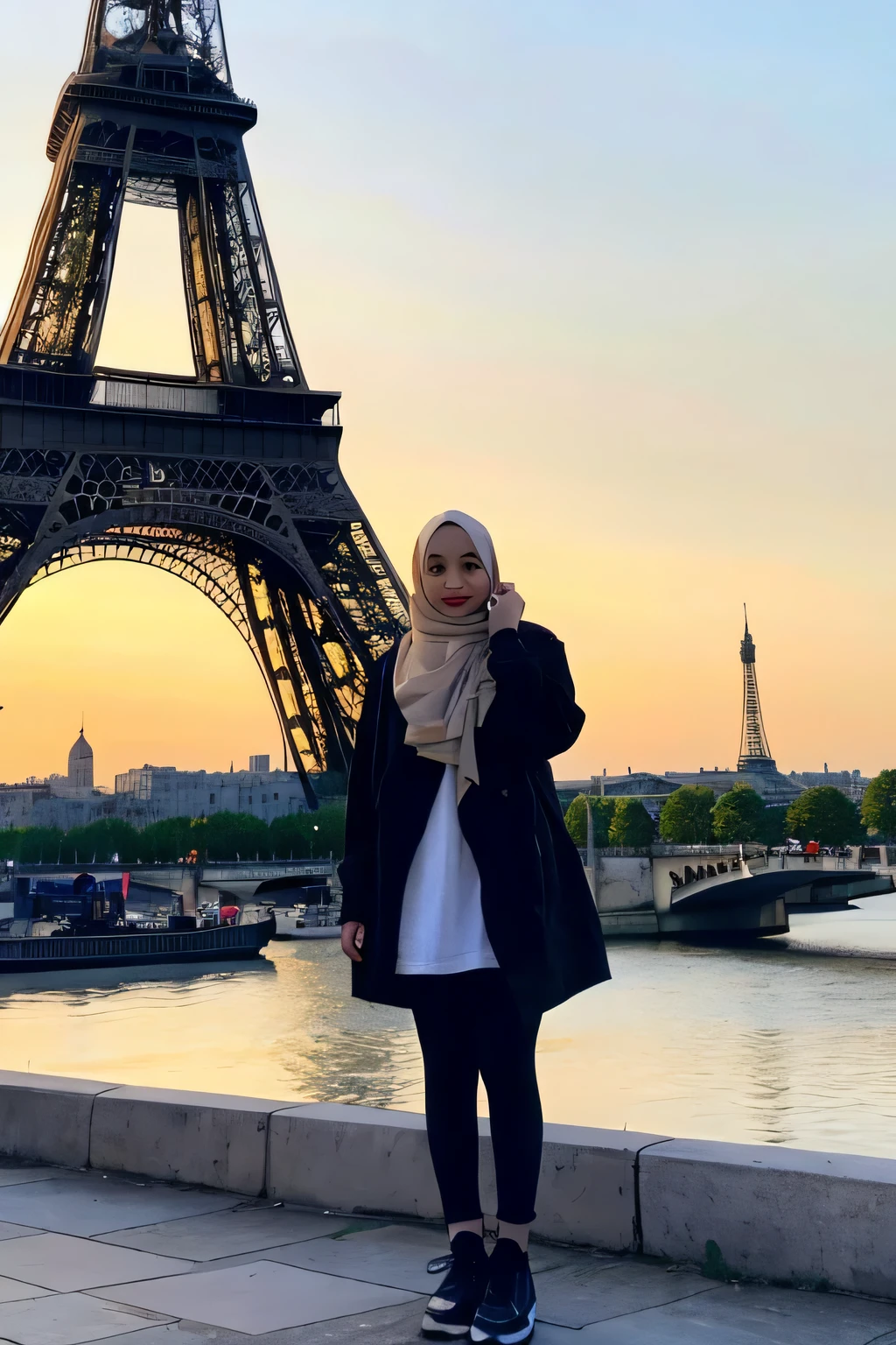 Foto (fullbody) Hijab, jaket parka Paris Eiffel 