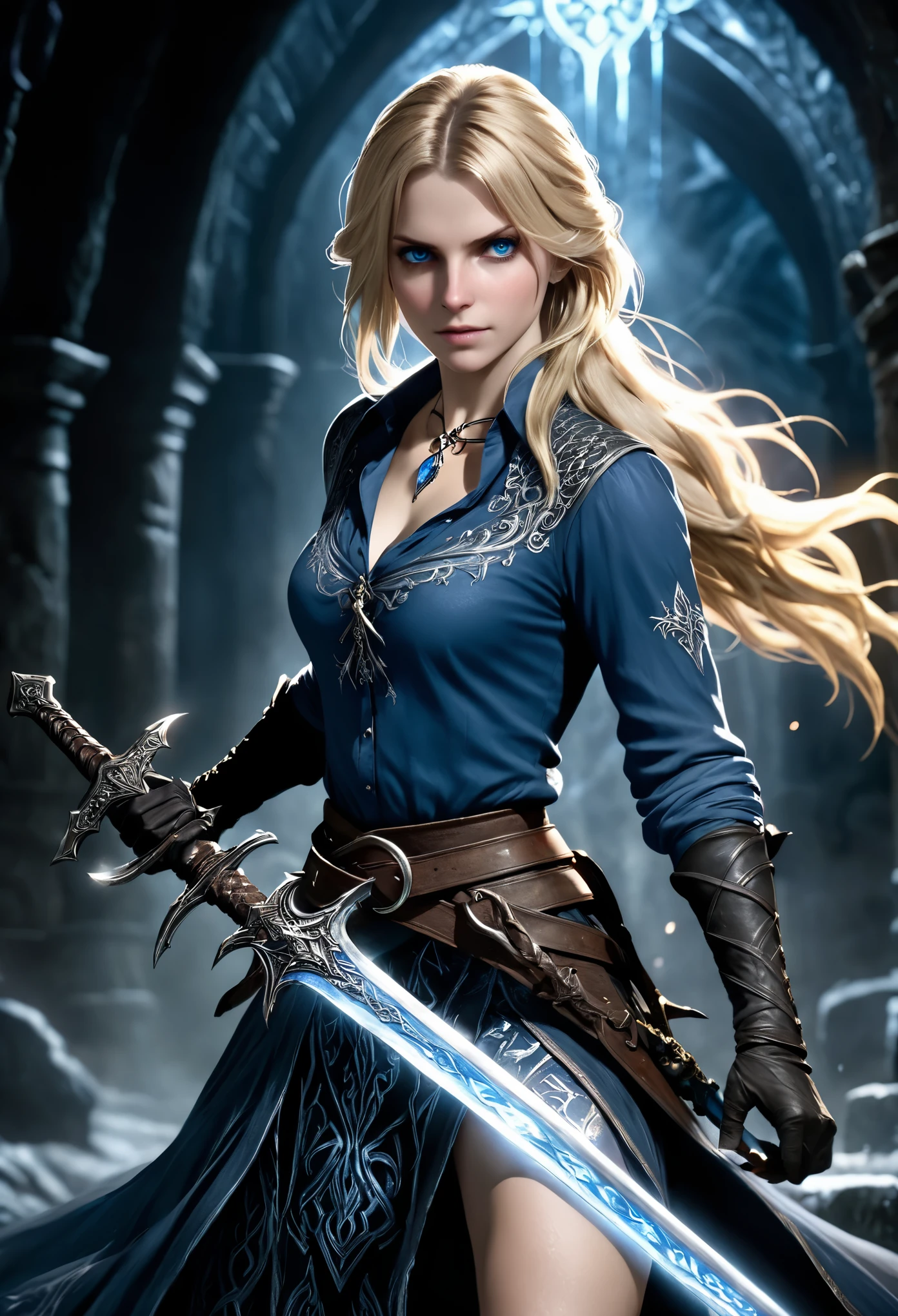 (Realisttic:1.2), Bloodborne ~ Dark Souls 3 ~ Elden Ring ~ ultra detailed, A Gorgeous blonde, dancing with the sword, in blue open shirt, black celtic pattern skirt, in dark cavern with ice and crystals elements, action pose, holding a sword. blushing, teasing, Alluring. highly stylized. depth of field, bokeh effect, backlit, stylish, elegant, breathtaking, visually rich, masterpiece full body shot.
