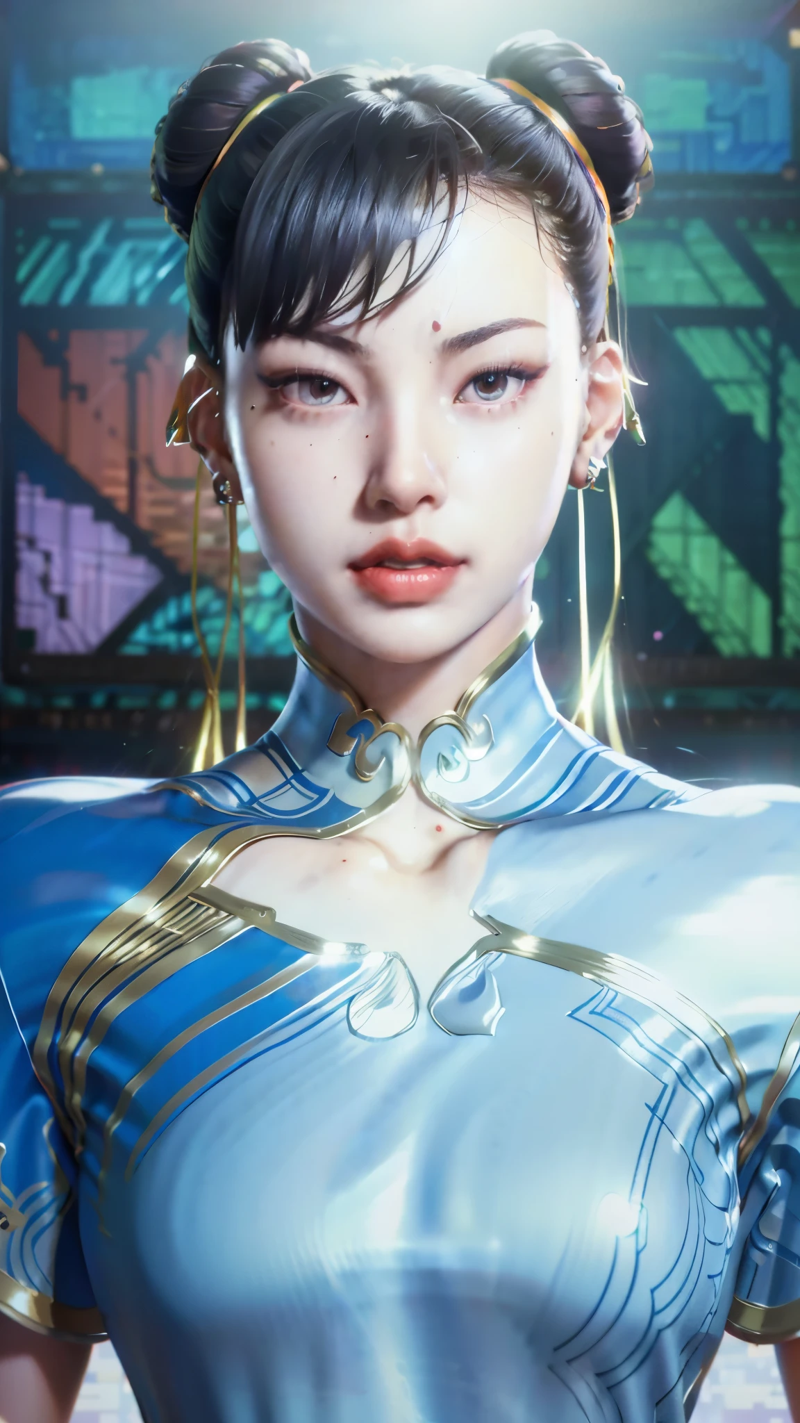 realistic, Lisa, Blackpink, realism, photorealism, photo-realistic, high contrast, (photorealistic:1.4), 8k high definition detailed realistic, (best quality, masterpiece:1.2),  photon mapping, radiosity, physically-based rendering, best quality, highly detailed, 1girl, sfchunli, indoor, room light,  standing,