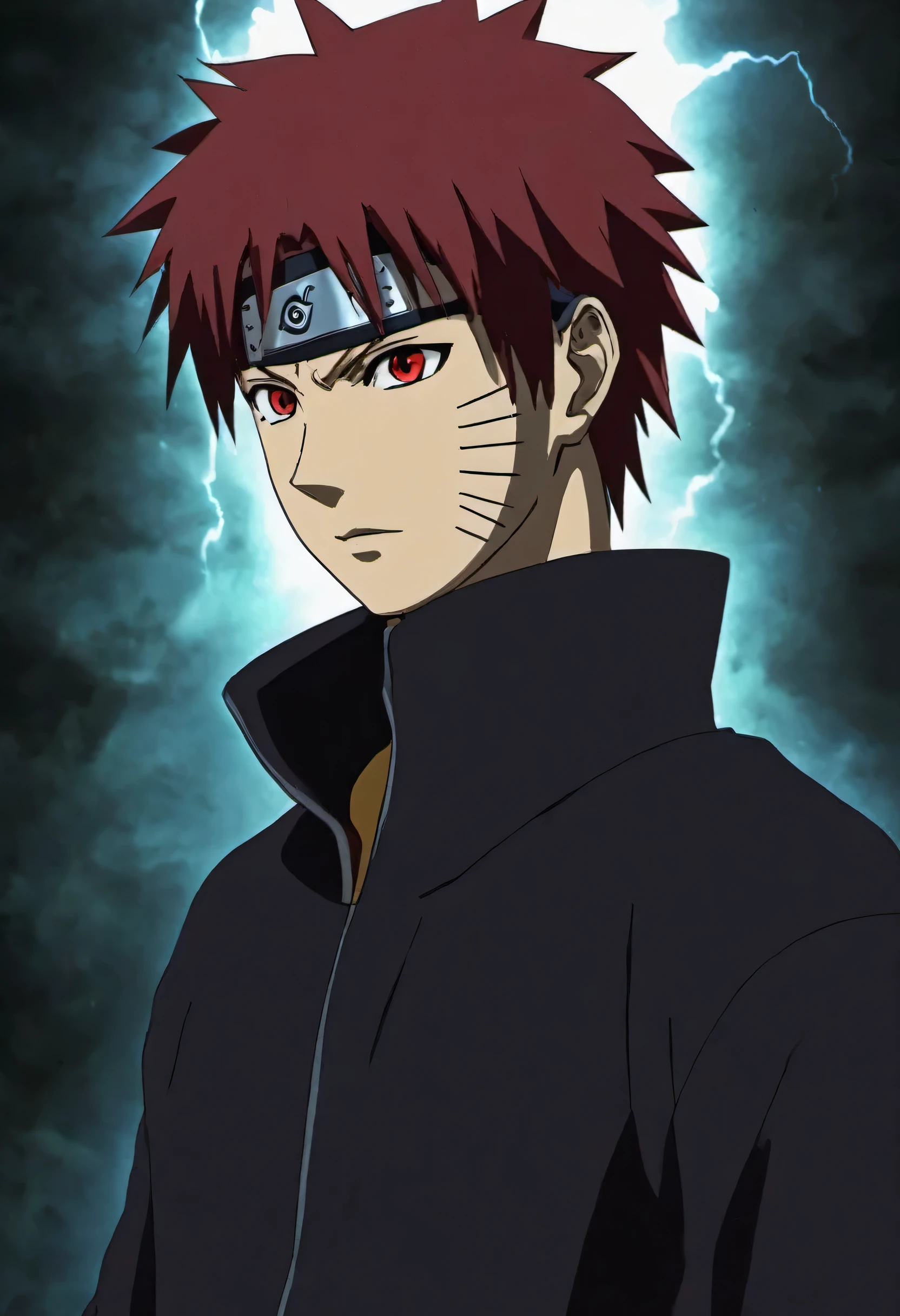 Gaara de anime Naruto com um comportamento sombrio e taciturno, com olhos vermelhos brilhantes e um sorriso malicioso, hack a powerful computer system with visible electrical currents flowing through your body, enquanto sombras sinistras o cercam, (sinistro:1.2), (Dark, moody lighting), (atmosfera sinistra), (Contrast between Light and Dark)