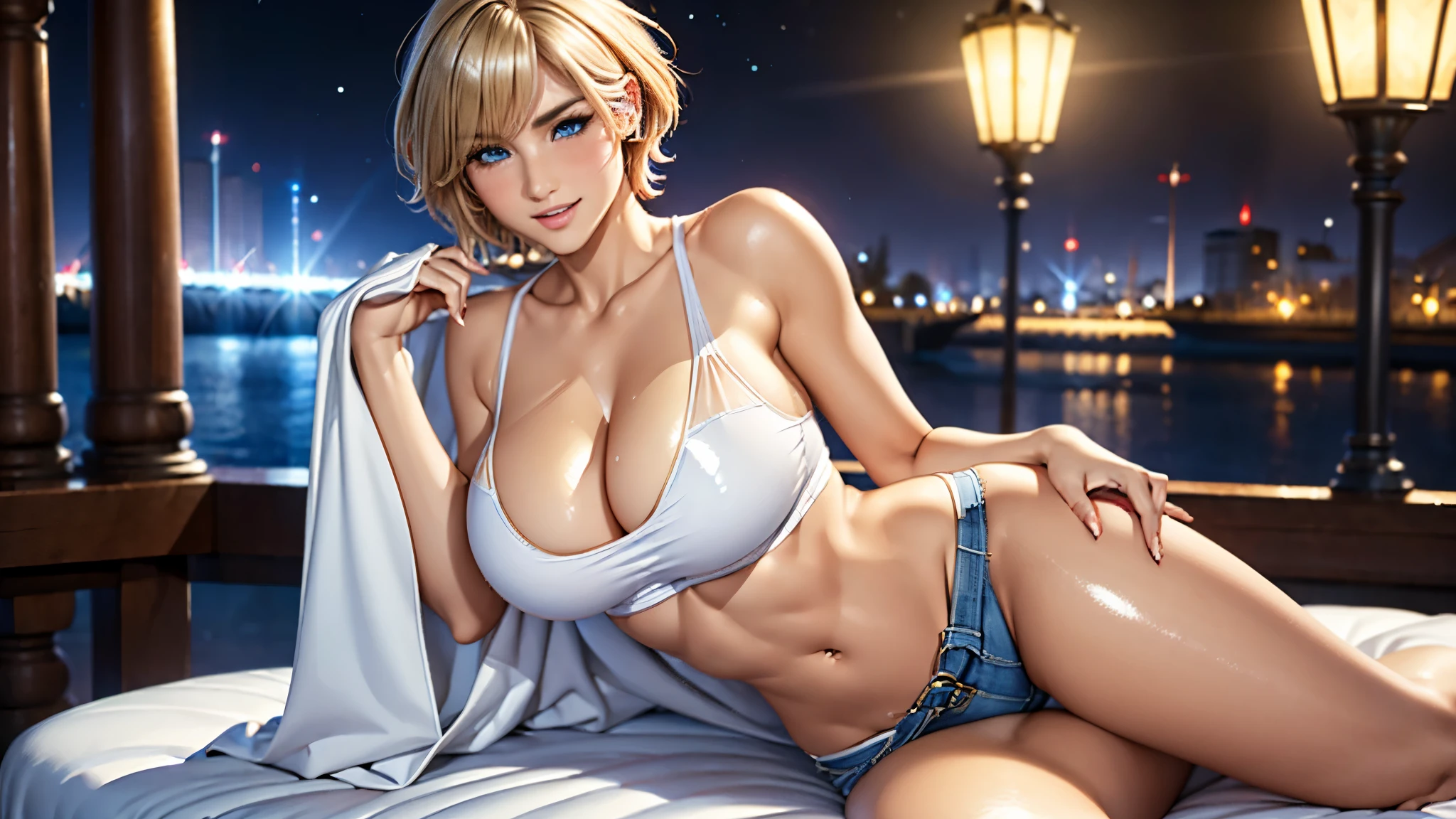 ((((masterpiece)))), expensive quality, very_expensive_solve, big_file size, full color, Steampunk featuring futuristic planets,late night park, The main character is a beautiful girl,smile, wearing a white tank top, Damaged Denim Shorts, Engineer boot, beauty,light_blue_eyes, short hair、blonde hair,masterpiece,fellajob,High Resolution, super detailed, highly detailed CG Unity 8k wallpaper, realistic, photo-realistic, RAW photo, white skin, realistic glistening skin, detailed hair texture, accurate, anatomically correct, highly detailed face and skin texture, natural Neck Length, (Beautiful Skin:1.2), Nice Legs, Breaking, Fine Eyes, Symmetrical Eyes,  Double Eyelids, Thin Brows, (Shiny Lips:1.4), ((Blushing Gently:1.2)), (Slender Figure:1.1), Firm Abs, Cool Beauty, Glossy Large Bust,beautiful , smile,  perfect waist, perfect chest, , gorgeous, perfect breasts, , perfect legs, , perfect body, perfect face,(((pantyless, braless)))