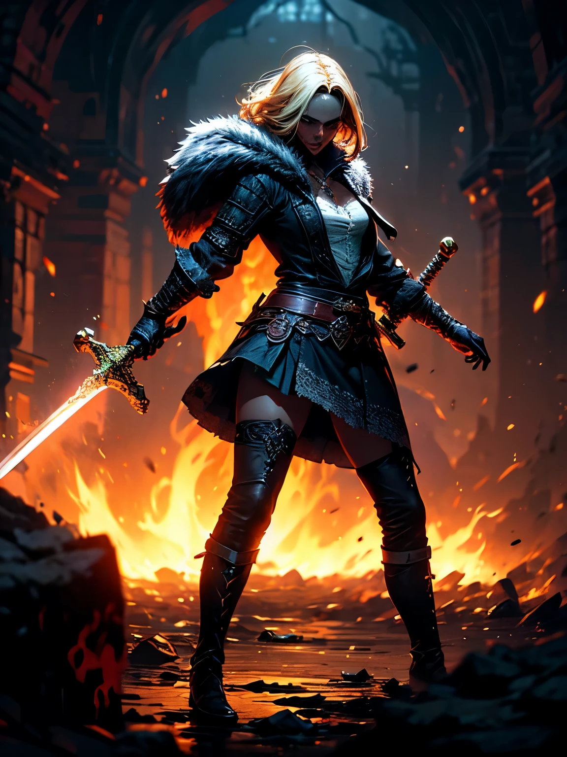 (real:1.2), bloodborne ~ dark souls 3 ~ firing ring ~ super detailed, gorgeous blonde, Dancing with the Sword, wearing a blue open shirt, black celtic pattern skirt, Inside a dark cave with ice and crystal elements, action pose, have a sword. blush, teasing, attractive. highly stylized. Depth of the bounds written, Bokeh effect, with backlight, stylish, elegant, breathtaking, visually rich, Masterpiece Full Body Shot.