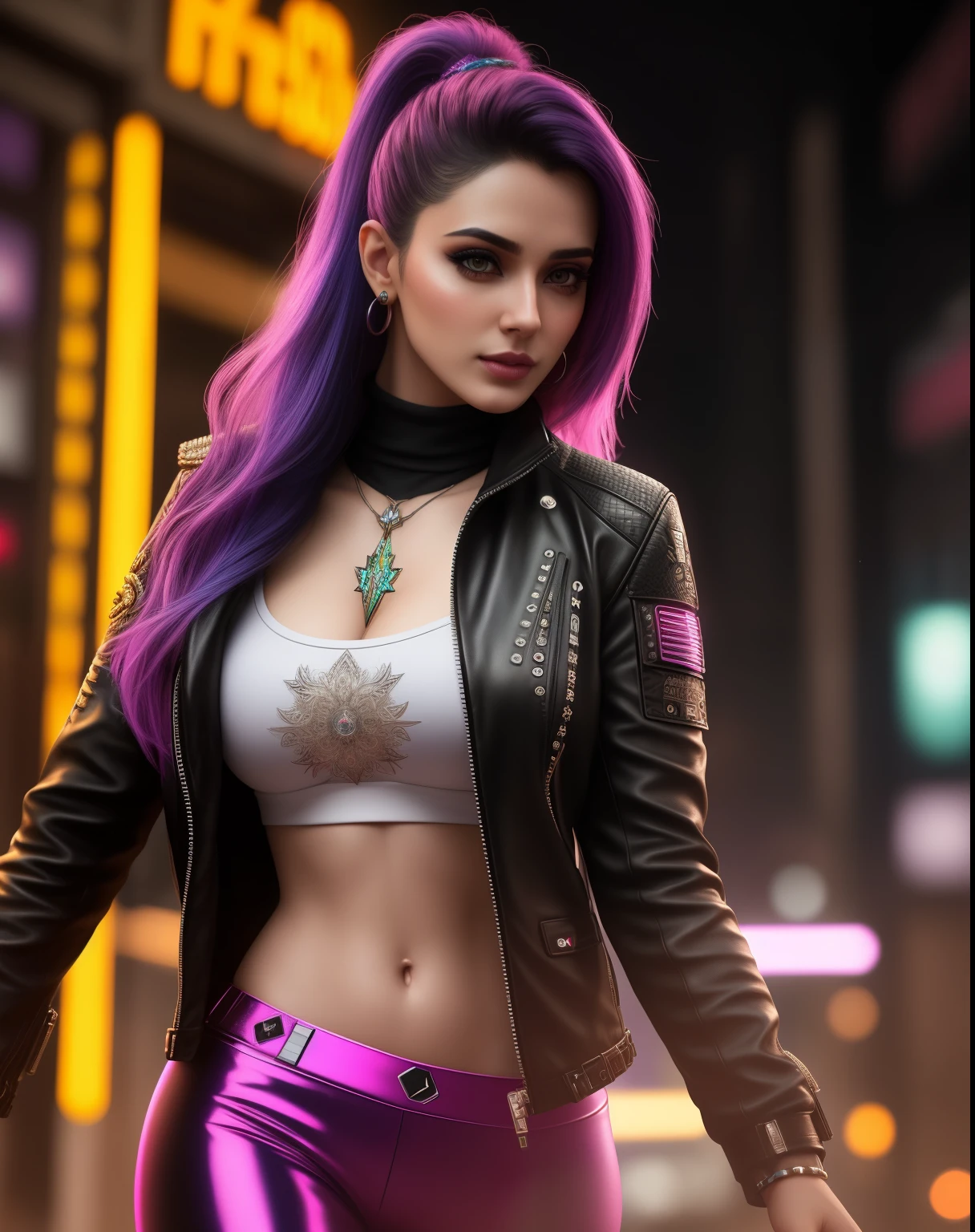 an ultra realistic portrait of a very beautiful indian woman posing for a photo in a leather jacket and colourful pants on a street, extremely detailed facial features, hero pose colorful city lighting, seductive cyberpunk dark fantasy, model girl, in cyberpunk style, cyberpunk beautiful girl, beautiful cyberpunk woman model, realistic Barbie doll , realistic anime style, cyberpunk outfit, female cyberpunk anime girl, urban fantasy style,cinematic, Hyper-detailed, insane details, Beautifully color graded, Unreal Engine, DOF, Super-Resolution, Megapixel, Cinematic Lightning, Anti-Aliasing, FKAA, TXAA, RTX, SSAO, Post Processing, Post Production, Tone Mapping, CGI, VFX, SFX, Insanely detailed and intricate, Hyper maximalist, Hyper realistic, Volumetric, Photorealistic, ultra photoreal, ultra-detailed, intricate details, 8K, Super detailed, Full color, Volumetric lightning, HDR, Realistic, Unreal Engine, 16K, Sharp focus, cgsociety 9, fractal isometrics details bioluminescens : a stunning realistic photograph 28 years