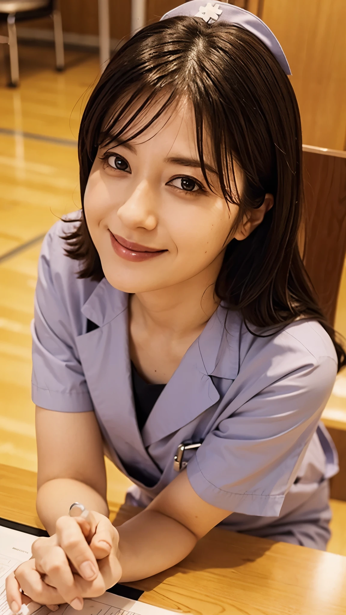 highest quality, shape, Super detailed, small details, High resolution, 8k wallpaper, perfect dynamic composition, beautiful detailed eyes, natural lip, ((nurse uniform))、nurse (woman) uniform, medium breasts, random pose, full length, Photo taken at the hospital, Examination room、smile, Chubby, sit on a chair,
