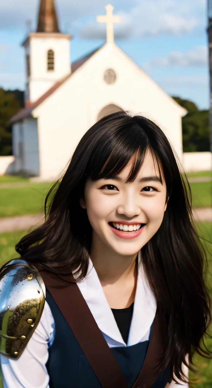 A neat and beautiful woman wearing armor、black hair、smile、beautiful teeth、The background is a church