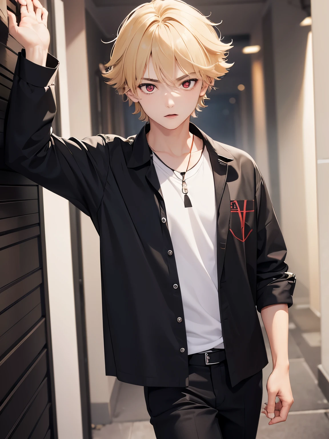 1boy,handsome,,Walk facing right, camera angle from the side,half body photo,Perfect face, HD face, ultra detailed face, short hair, blonde hair, messy hair, bright red eyes, vampire, black shirt, black trousers, ultra detailed, ultra HD