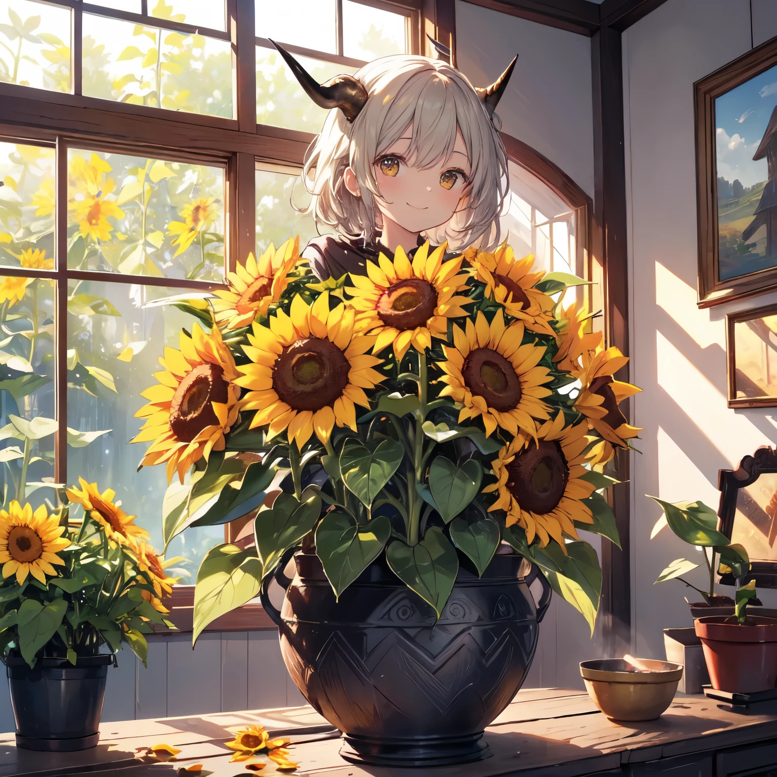 Masterpiece of a smiling sunflower, radiantly planted in a terracotta pot, elegantly positioned atop a weathered horn, under the soft, natural light filtering through the window. The sunflower's vibrant yellow petals fan out, framing its cheerful, sun-kissed face. The intricate veins on the leaves and the rich texture of the sunflower's petals are brought to life through ultra-detailed, high-resolution rendering. The lifelike representation of the sunflower's dew-kissed petals and the worn, rustic texture of the horn and pot add depth to the scene. A sense of tranquility