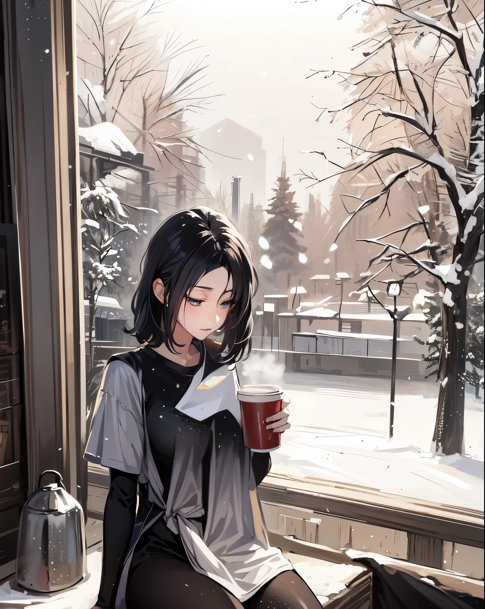 There is a woman sitting on the window sill and holding a cup of coffee, Gwaites style artwork, anime art wallpaper 8k, mysterious coffee shop girl, anime art wallpaper 4k, anime art wallpaper 4k, cold snow outside, 4k anime wallpaper, 4k manga wallpaper, cozy wallpaper, beautiful digital illustrations, snow day