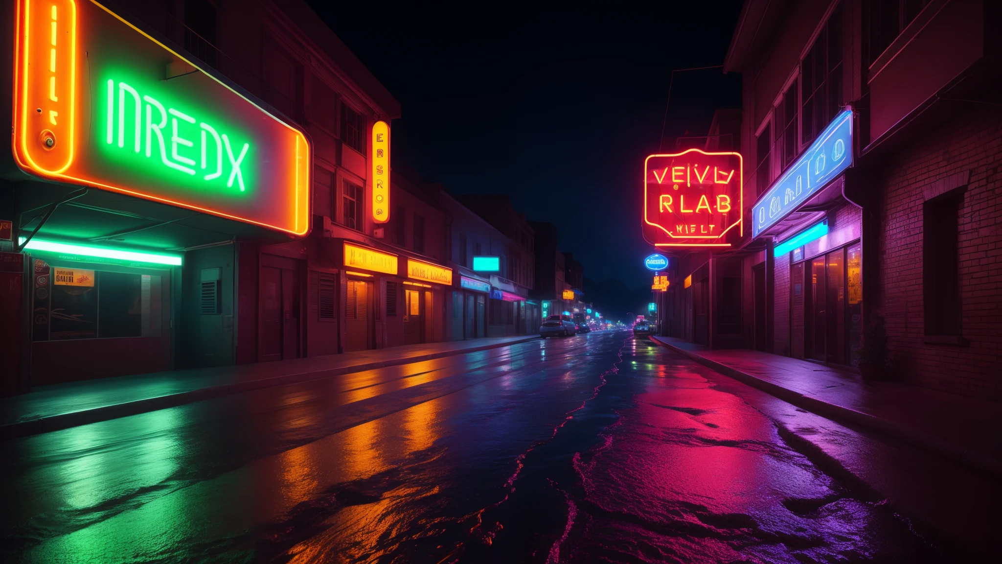 (neon sign),iridescent wet road,gorgeous color grading,depth of field,8k