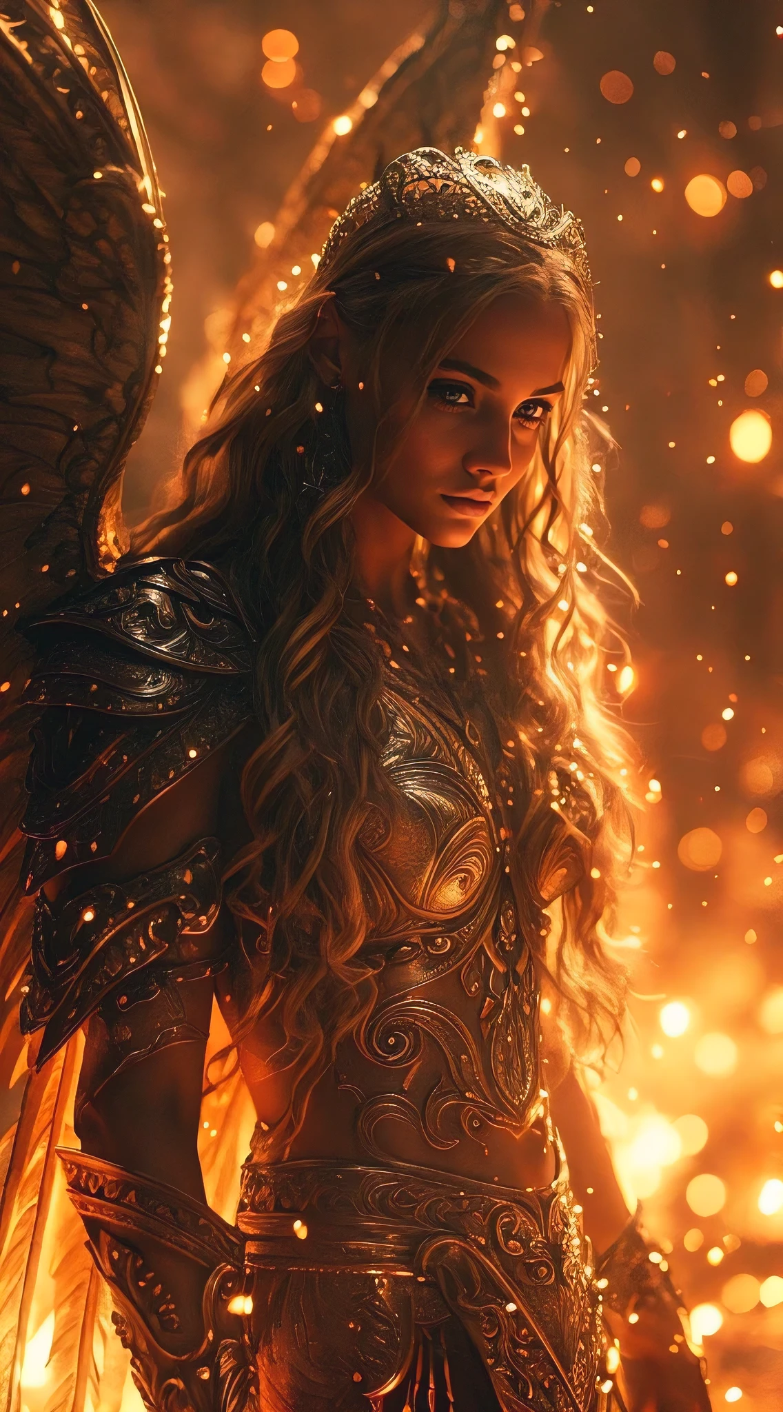 intricate, photorealistic image of a woman beautiful angel, she wearm a silver armor adorned with runes, he is covered by light amid the gloomy ambiance of silver temple in haven , in a sensual pose, highlighting the angel wings and body details against sparse red and yellow lighting, dust and fire particels are flying around her, Nikon Z7 II, 85mm lens, f/1.8, shutter speed 1/250, emphasizing the eerie atmosphere and the dragon's vivid features, Ilford film stock