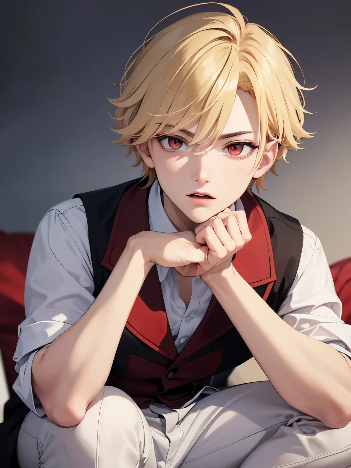 1boy,handsome,17 years old,squat,half body photo,Perfect face, HD face, ultra detailed face, short hair, blonde hair, messy hair, bright red eyes, vampire Vampire prince, vampire clothes, ultra HD