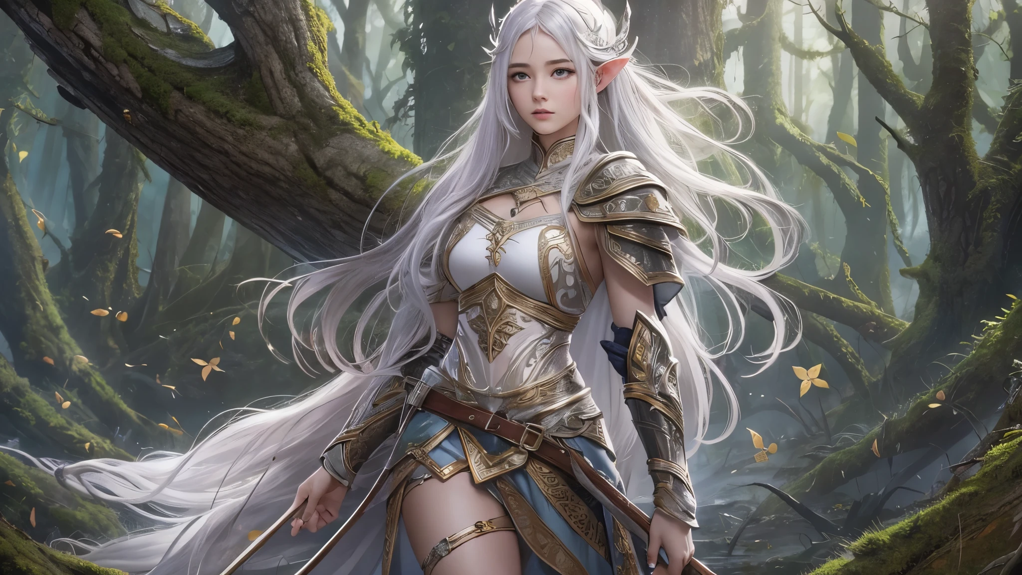 master piece), 8k, best quality, full body panoramic view, Elf, young,  With slightly flushed white skin, her long silver hair, green eyes, slim and athletic body, a height of 1.68 meters, which gave her a natural elegance, Detailed warrior outfit, walking in the enchanted forest, holding a war bow with rune writing, happy, walking,