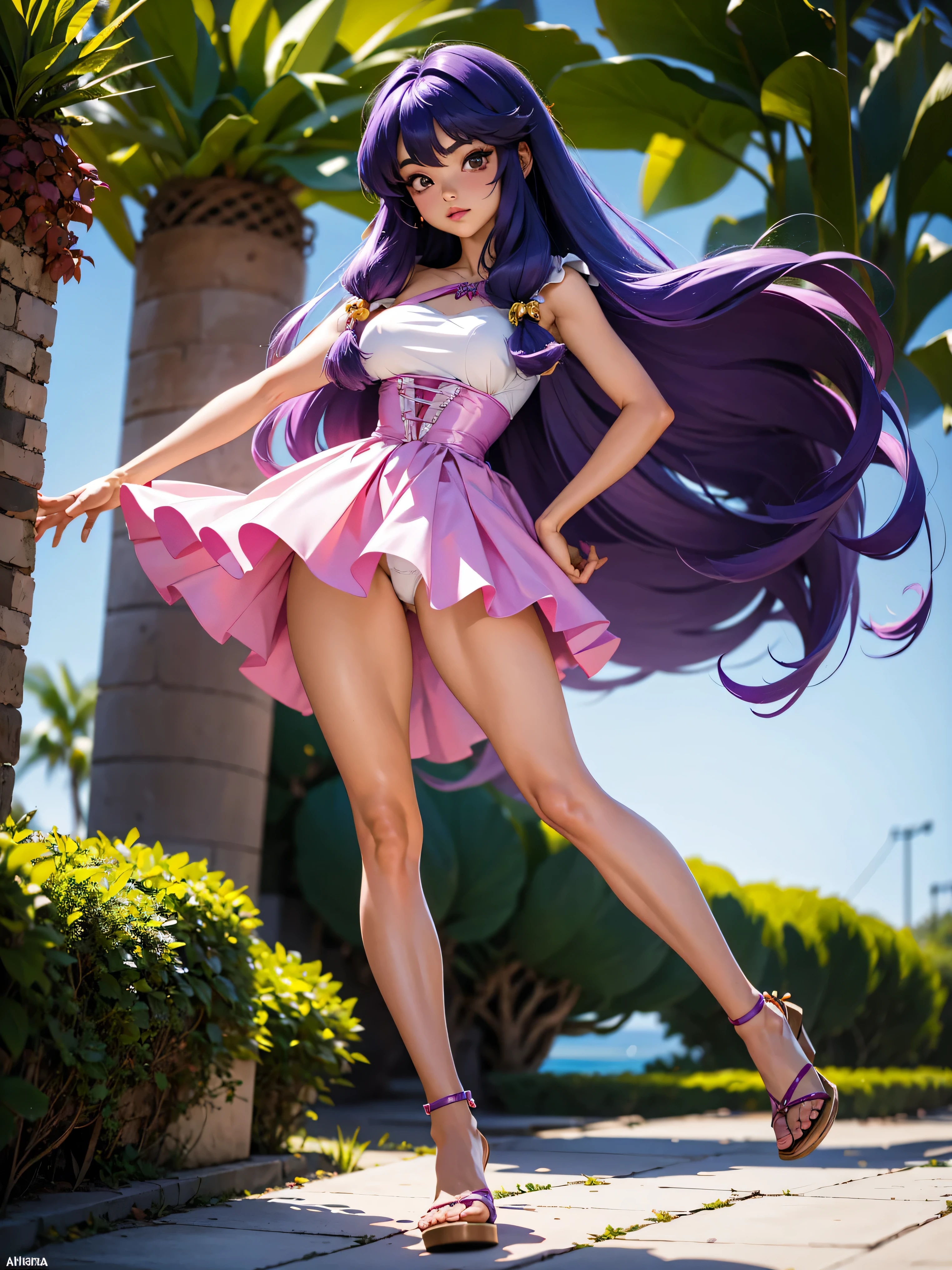 Garota anime de cabelo purple com saia vestido longo purple meio transparente e espartilho, , corpo bonito, seios grandes, com hand in panties , hand in purple hair, Garota sexy, purple hair, mechas de cabelo laterais, mechas de cabelo na lateral do rosto, beautiful lighting, sombras suaves, olhos azuis, pernas bonitas, cabelo longo roxo, estilo anime, personagem Shampoo Chan, Autora Rumiko Takahashi, Baseado em obra de Rumiko Takahashi, Anime Ranma 1/ 2, decote sexy, quadril robusto, corpo inteiro, corpo inteiro, busto grande, garota jovem com corpo belo e bonito, sandals on his feet, garota 16 anos usando saia e corset pink e purple meio transparente, garota anime, estilo anime, beautiful feet in sandals, 45° viewing angle, ao ar livre, peito grande, seios bonitos, cabelo purple, sandals on the feet, pernas bonitas, sexy, belas pernas, Sandalias, seios grandes, corpo completo, corpo inteiro, feet with sandals, anime realista, saia, sarja roxa, personagem realista sexy, straight standing posture, ao ar livre, calcinha pink, hand in panties, saia vestido com 50% de opacidade meio translucida
