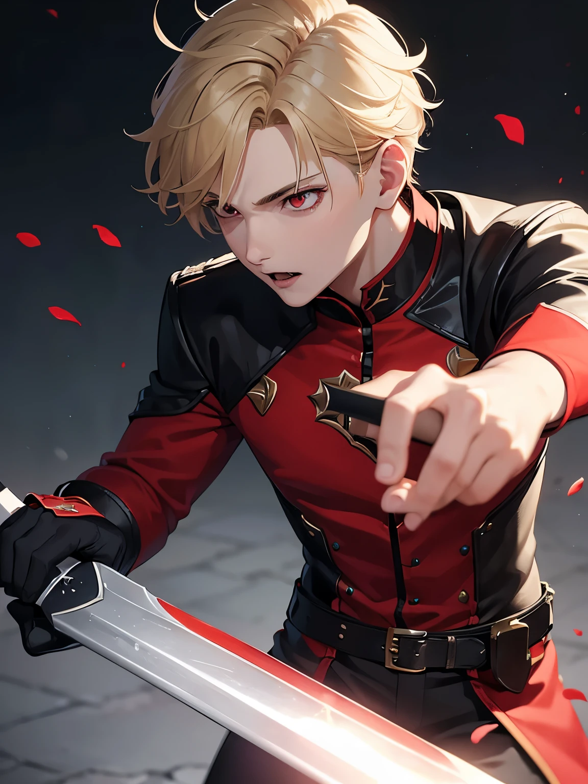 1boy,handsome,17 years old,Swinging a sword,half body photo,Perfect face, HD face, ultra detailed face, short hair, blonde hair, messy hair, bright red eyes, vampire Vampire prince, vampire clothes, ultra HD