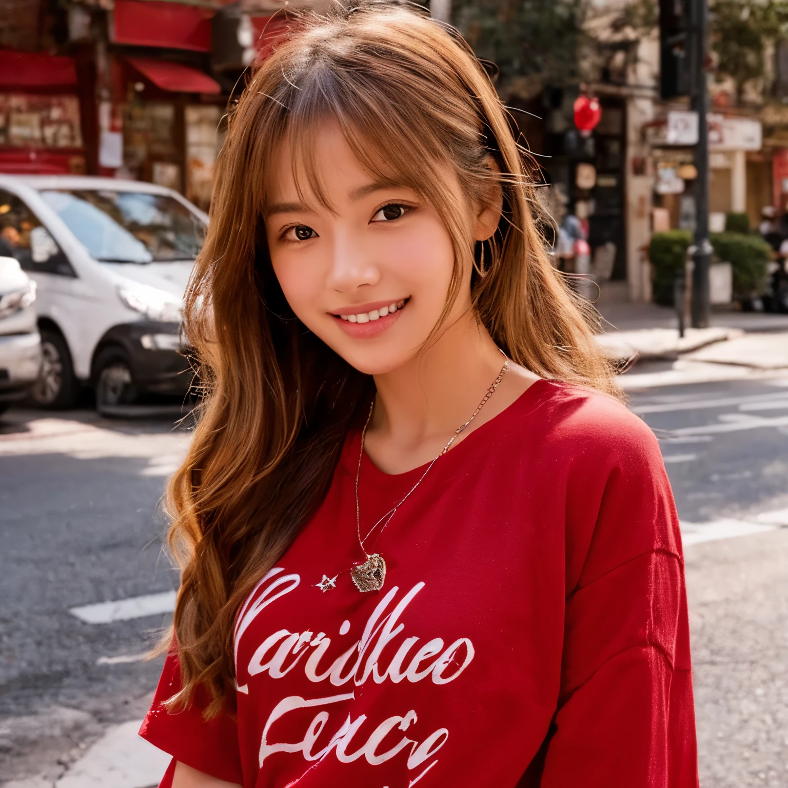 Highest image quality、bright red t-shirt、cute、smile