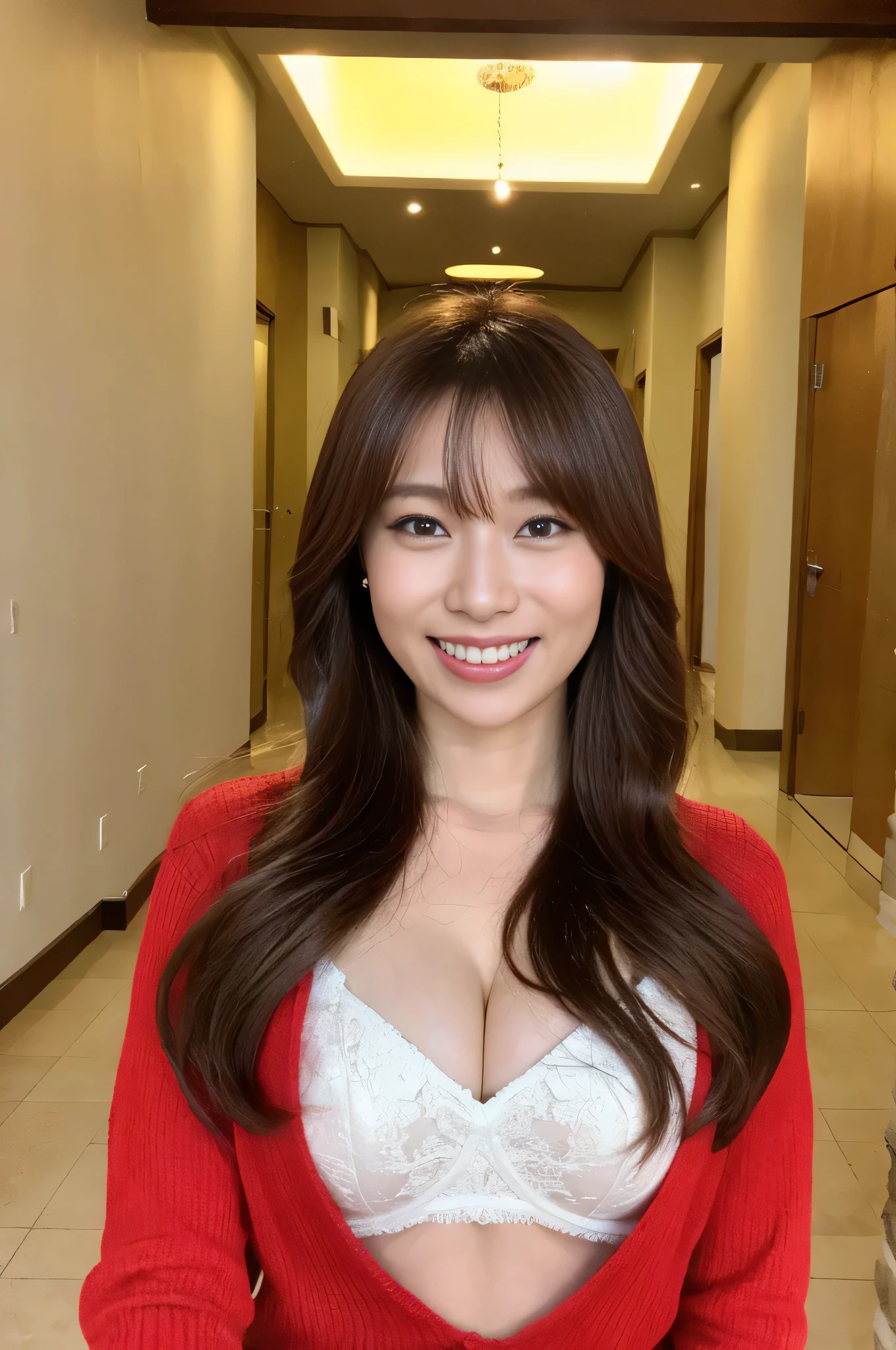 ((highest quality, 16k, masterpiece: 1.3)), (girl, beauty), C cup breasts: 1.1, thin abs: 1.1, (super detailed face, highly detailed lips, fine eyes, double eyelid, long brown hair), (background, Hallway in the room: 1.2), red knit dress: 1.2, red lace bra, Are standing, full body: 1.1, light smile