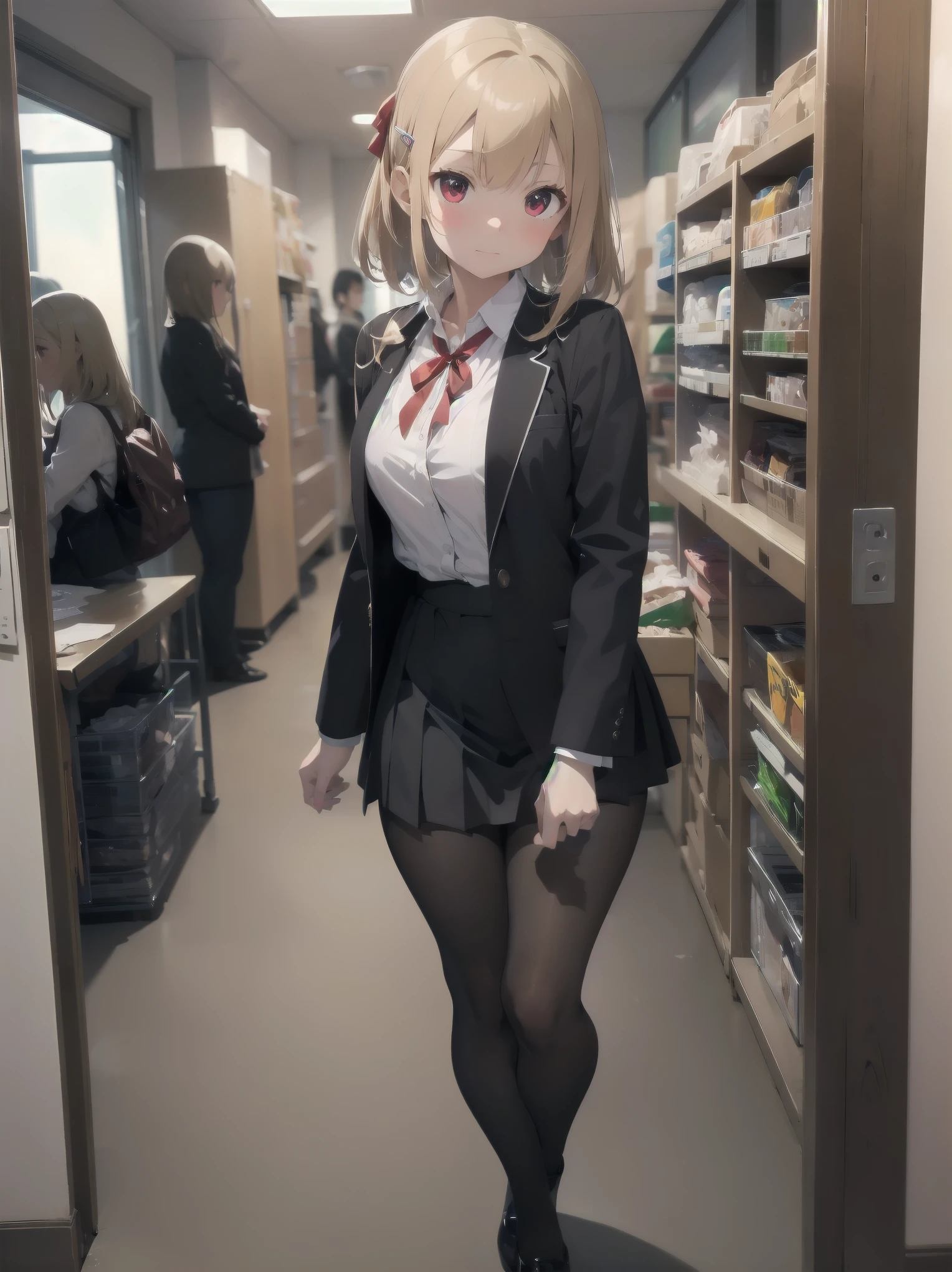 (Masterpiece: 1. 2), (Top quality: 1. 2), Anime girl, One, Blonde hair, Hair clip on right side of forelock, Black cap, Wine red eyes, White female shirt, Brand grey blazer, Small red ribbon across chest, Office clothes, One size larger shirt, Checked priss skirt, Black tights, tights with fine detail, full body, large breasts, front view, alone, bruised and super cute