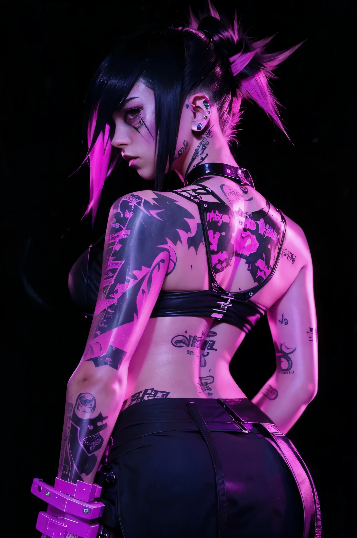 a woman with tattoos on her back and a pink light, cyberpunk art style, cyberpunk style color, female cyberpunk anime girl, anime cyberpunk art, cyberpunk anime girl, cyberpunk anime art, cyberpunk artstyle, cyberpunk girl, cyberpunk themed art, cyberpunk shading, jet black haired cyberpunk girl, cyberpunk art, in cyberpunk style, dark cyberpunk illustration, cyberpunk character art, anime cyberpunk