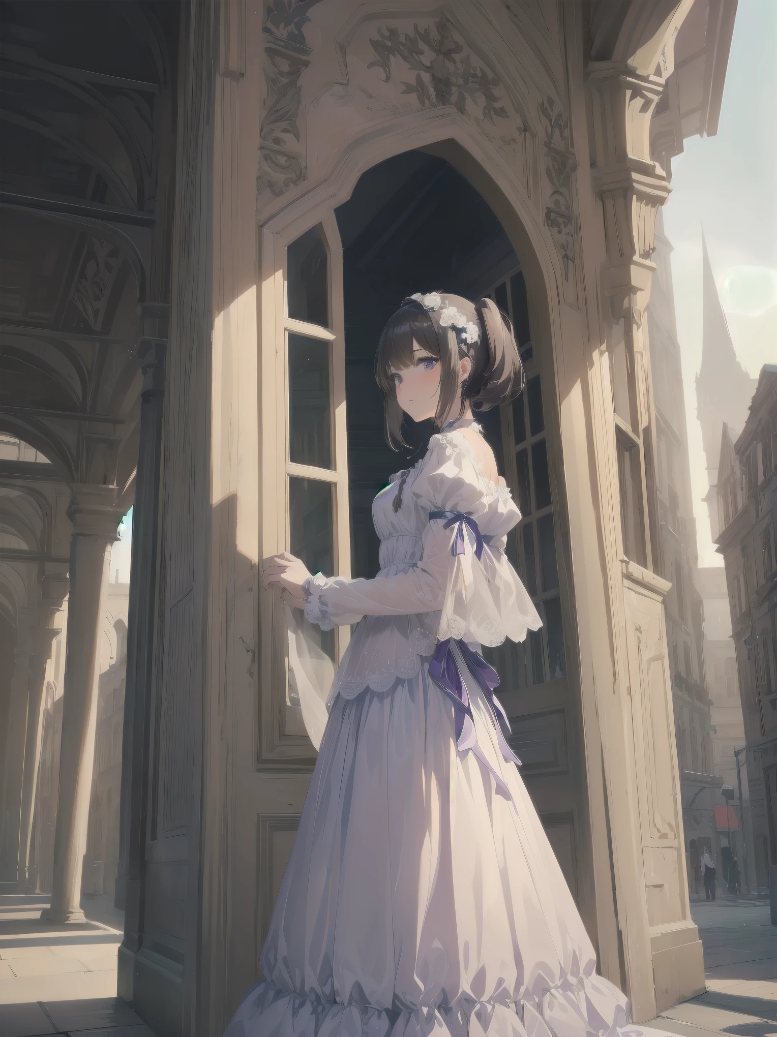 Concept:Childhood Bride: A wedding ring shining on the ring finger
Fusion of medieval European fashion
Emphasis on the elements of cuteness and longing
Illustrations of poses that express the overwhelming cuteness of the characters in the foreground
Overwhelming architectural and cityscape backdrops with ultra-detailed and richly detailed modern interpretations of medieval Europe and fantasy worlds
Realistic textures, professional artistic shading and light sources, scene-like cinematography and effects, subject depth
One beautiful girl, super cute, bob cut, side ponytail, perfect anatomy
Colors: pastel, white, pale purple, blue, gingham check
Materials: chiffon, lace, satin, velvet, etc.
Silhouette: Fluffy skirt, A-line, long length
Decoration: Ruffles, ribbons, lace, pearls, embroidery, etc.
Coordinates: Romantic princess: pastel-colored dress, lace blouse, fluffy skirt, ribbon hair accessory, black tights
Add accessories and accessories for a unique look