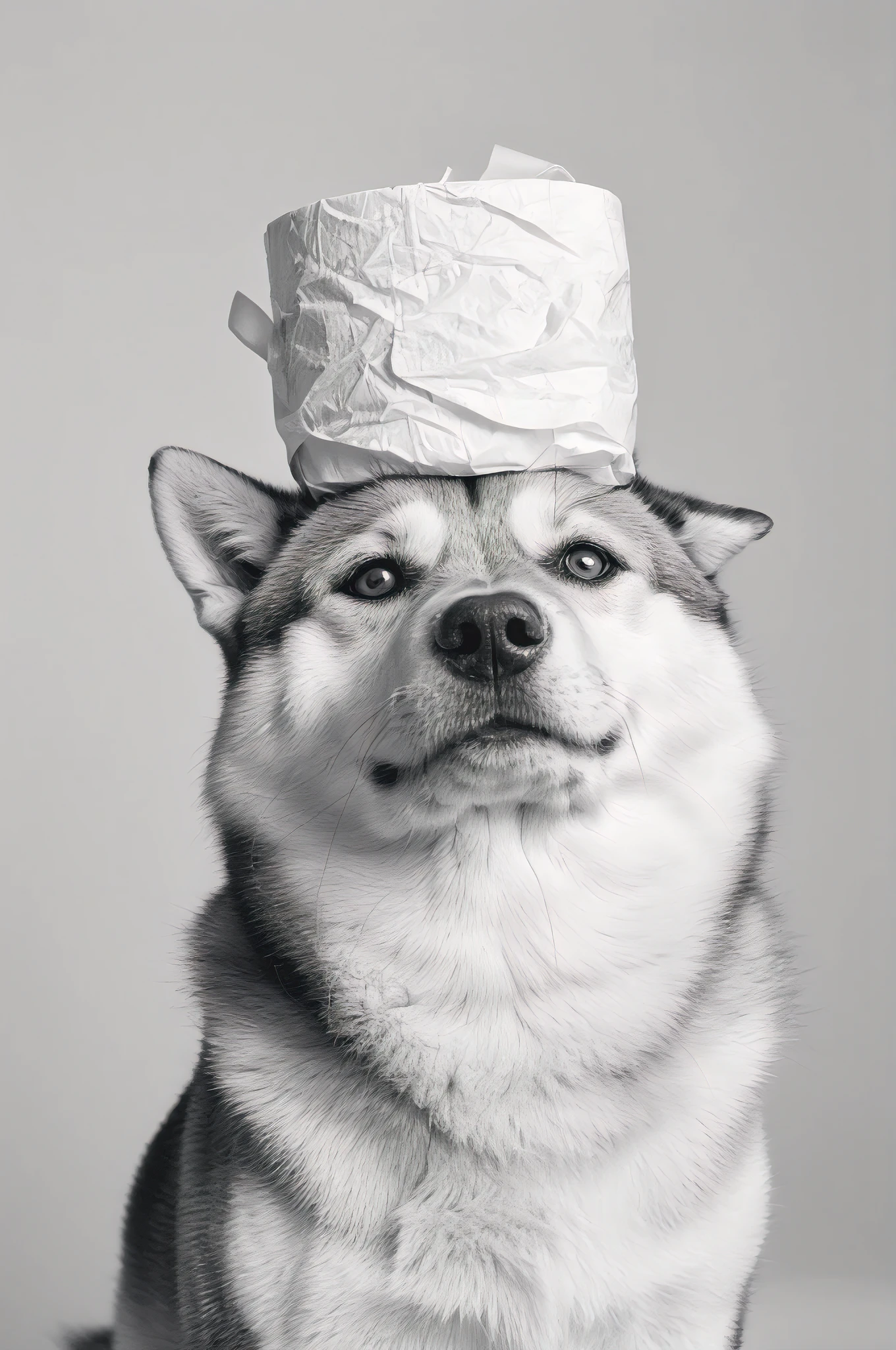Pure white background, black and white photo of an annoyed Shiba Inu with a neat roll of toilet paper on his head, in the style of dan hillier, HD, piet hein eek, joseph farquharson, elegant, emotive faces, glasgow style, delicate washes, kodak ultramax