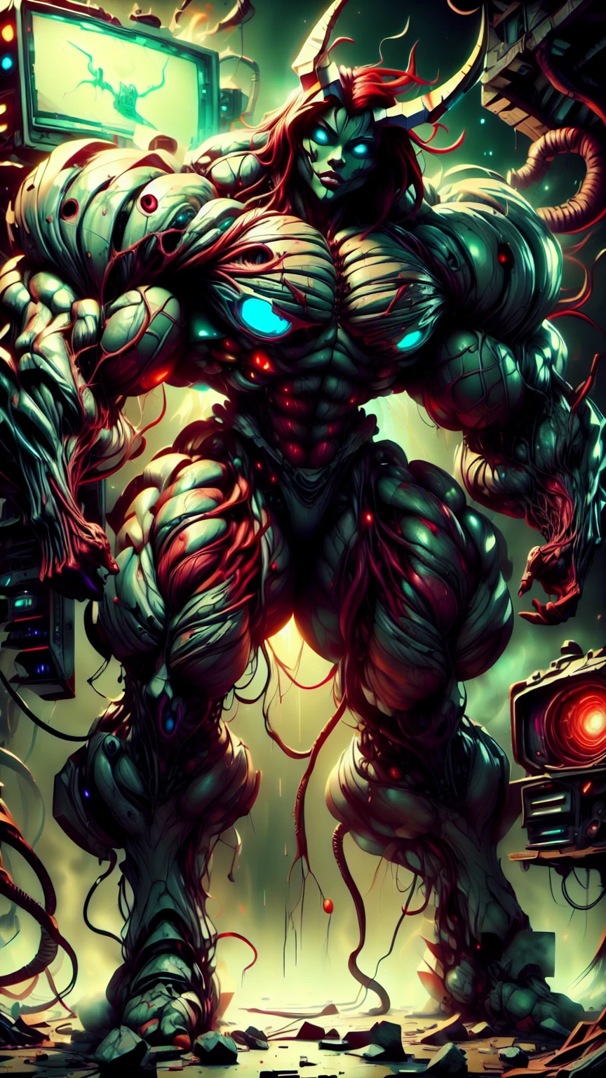Cinematic, clear facial features and insanely detailed, the image captures the essence of (1 girl), (megan fox:1.25), (long red hair), (carnage skinless physique:1.25), (1 super muscular undead skinless succubus with gigantic horns:1.25), (covered in red necrotic rotting skinless muscle:1.25), (exposed muscles & veins everywhere:1.25), (perfect fingers:1.25) (full body pose:1.25). The color grading is beautifully done, enhancing the overall cinematic feel. Unreal Engine makes her appearance even more mesmerizing. With depth of field (DOF), every detail is focused and accentuated, drawing attention to her eyes and hair. Peak image resolution utilizing super-resolution technology ensures pixel perfection. Cinematic lighting enhances her aura, while anti-aliasing techniques like FXAA and TXAA keep the edges smooth and clean. Adding realism to the muscular bio-mecha succubus , RTX technology enables ray tracing. Additionally, SSAO (Screen Space Ambient Occlusion) gives depth and realism to the scene, the girl's presence even more convincing. In the post-processing and post-production stages, tone mapping enhances the colors, creating a captivating visual experience. The integration of CGI (Computer-Generated Imagery) and VFX (Visual Effects brings out her demonic features seamlessly . Incredible level of detail, with intricate elements meticulously crafted, the artwork hyper maximalist and hyper-realistic. Volumetric effects add depth and dimension, with unparalleled photorealism. 8k resolution rendering ensures super detailed visuals. The volumetric lighting adds a touch of magic, highlighting her beauty and aura in an otherworldly way. High Dynamic Range (HDR) tech makes the colors pop, adding richness to the overall composition. Ultimately, this artwork presents an unreal, yet stunningly real portrayal of an incredibly beautiful bio-mecha succubus girl. The sharp focus ensures that every feature is crisply defined, creating a captivating presence. (girl face:1.45)