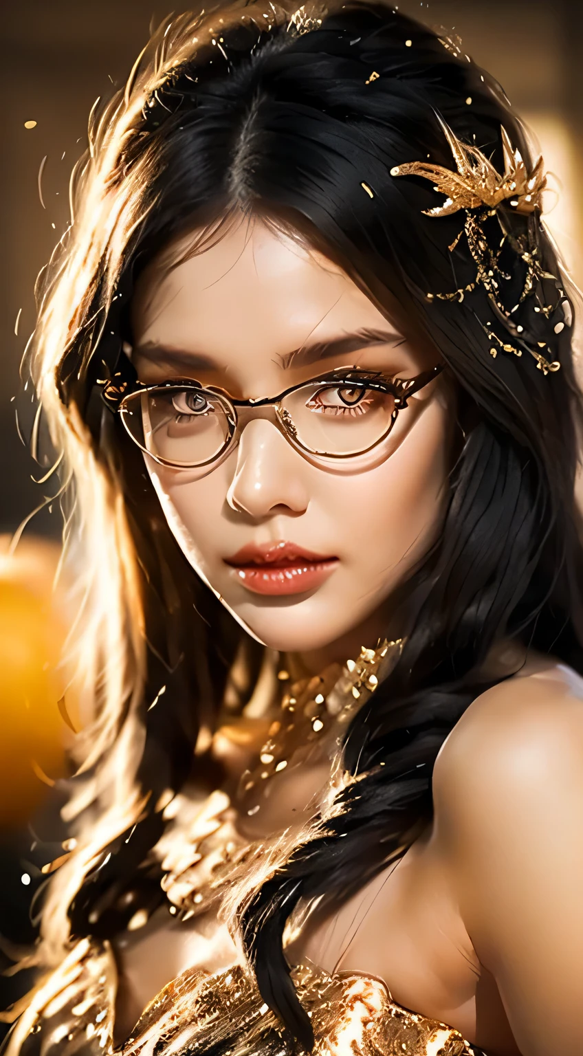 (Blonde 1。3 Lots of hair1。3 Delicate hair 1。2),(Big red eyes+gold-wire glasses:1.2+Intellectual beauty:1.1),"Crystal face lines sparkle on the forehead",femele,delicate depiction of skin,The gold-tone metal dragon headdress pattern is clear,Red apple in hand。