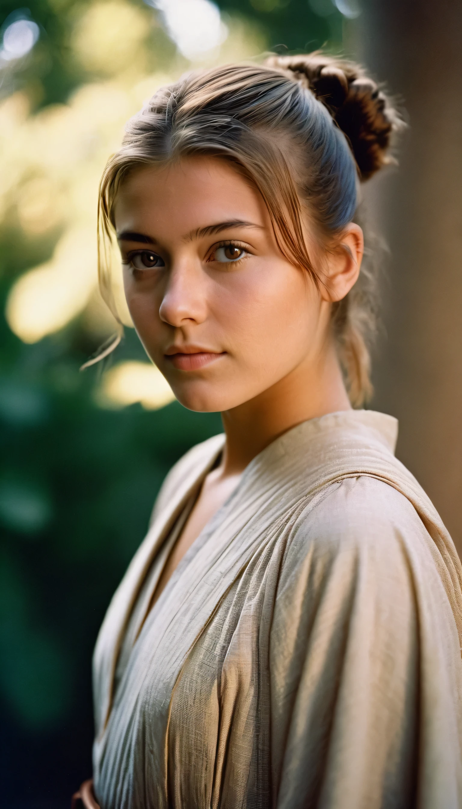 analog film photo, photo of a young padawan girl, 18 years-old, (jedi tunic:1.1), brown eyes, messy ponytail, light-brown sun-tanned skin, pretty, natural beauty, resembles a young Mary Elizabeth Winstead, Jedi temple gardens, RAW Photograph, dslr, soft lighting, high quality, film grain, Fujifilm XT3, detailed skin with visible pores, insane details, masterpiece, 8k, 35mm photograph, dslr, kodachrome, faded film, desaturated, 35mm photo, grainy, vintage, Kodachrome, Lomography, stained, highly detailed, found footage, full-body