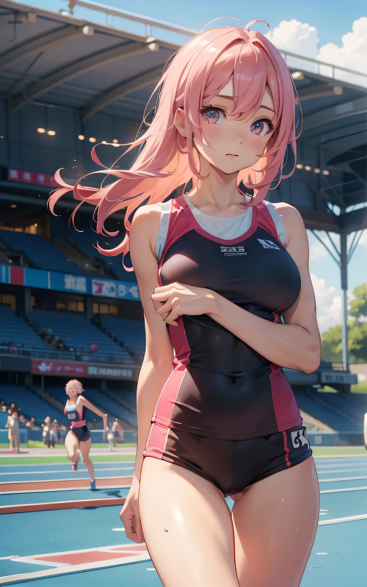 realisticlying,extremely detailed CG、high resolution、absurderes:1.8、detailed background:1.3、beautiful detailed hair、detailed eyes:1.6、、、、、、 1 girl, track and field player, shiny skin、beautiful body、 ((buruma、 sleeveless track and field Tank top、attractive thighs、big breasts))、(track and field cort), pinkhair