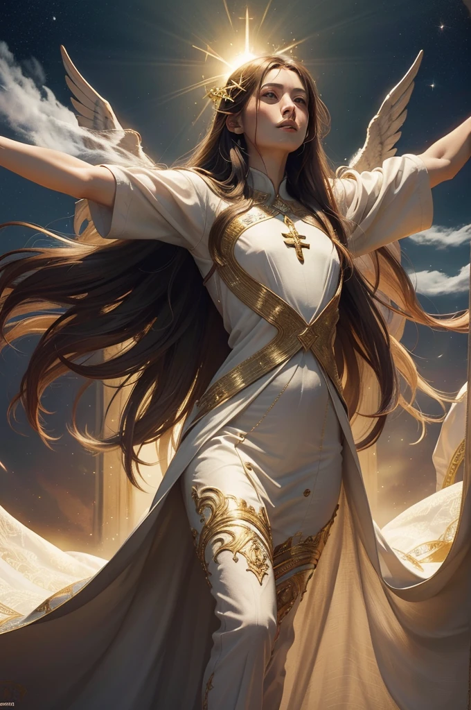 Title: "The Ascension: An Open Heaven and the Arrival of Jesus"

Description:
In this prompt, envision a scene of otherworldly transcendence and divine inspiration. Central to the composition, imagine Jesus Christ, enveloped in a celestial aura of light, standing peacefully above the earth. His arms are outstretched, beaming with welcome and compassion. His white robe billows gently in the wind, while his eyes radiate peace and boundless love. Around him, a multitude of people, symbolizing the diversity of humanity, gaze upward, bathed in a golden and gentle light emanating from the horizon.

The sky is a breathtaking