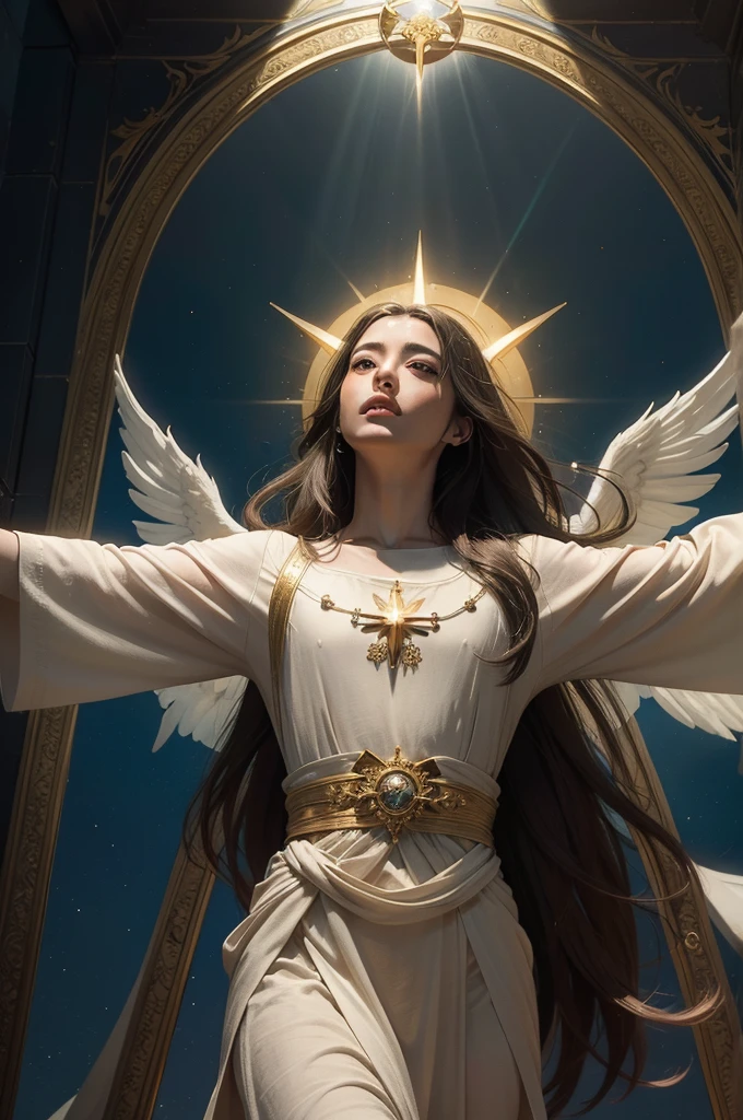 should be a masterpiece of digital art, showcasing the highest level of detail and quality. In this image, "The Ascension: The Open Heaven and the Coming of Jesus," we witness a transcendent moment as Jesus, enveloped in celestial light, floats above the Earth with outstretched arms and a compassionate expression. Radiant golden and silver clouds stretch across the horizon, reflecting the rays of light emanating from Jesus. The crowd of people below, representative of humanity's diversity, gaze upwards in awe, illuminated by the gentle, radiant light.

To create an advanced and cinematic piece, this image should:

Utilize advanced rendering