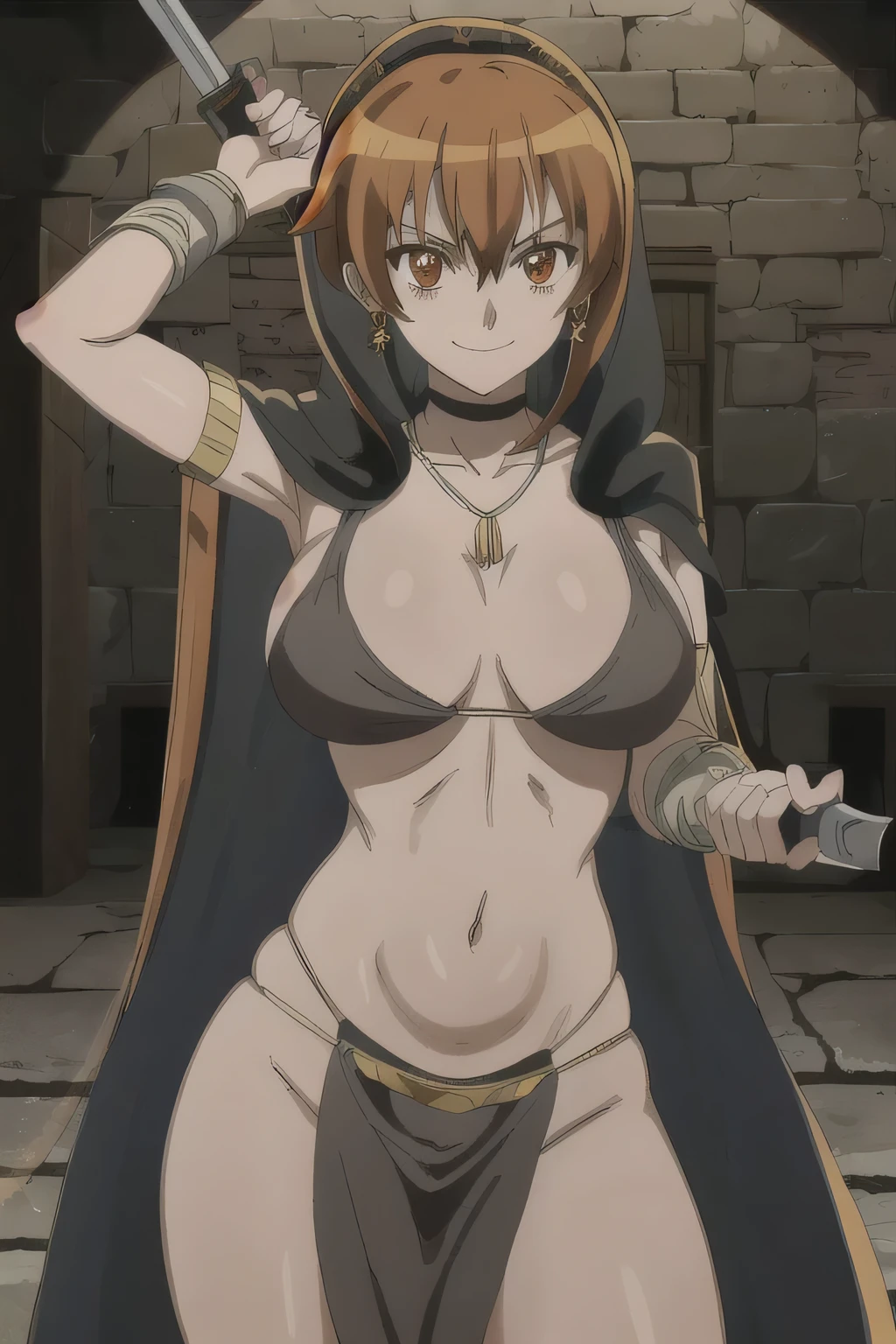 seryuuubiquitous, seryuu ubiquitous, long hair, brown hair, (brown eyes:1.3), medium hair,s, weapon, earrings, jewelry, holding, masterpiece, best quality, highly detailed ,glint,halterneck,gold_choker, complex detailed background,
inside, stone wall, ancient interior, ancient egyptian room, hieroglyphs, dark lighting, dark
atmosphere, (cowboy shot), holding a sword, sword, belly_chain,harem_outfit,navel, necklace,
pelvic_curtain,revealing_clothes, veil,masterpiece,best quality,1girl,mature,evil smile, smile,
female,mature,necklace,pendant, (nsfw) not safe for work, exposed belly, exposed navel, exposed
midriff, exposed lower belly