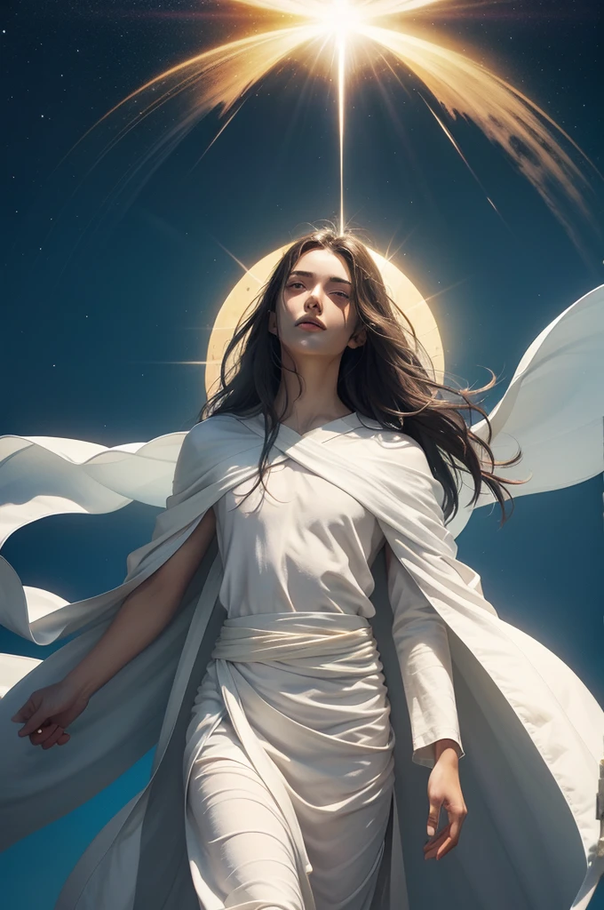 Title: "The Ascension: An Open Heaven and the Arrival of Jesus"

Description:
In this prompt, envision a scene of otherworldly transcendence and divine inspiration. Central to the composition, imagine Jesus Christ, enveloped in a celestial aura of light, standing peacefully above the earth. His arms are outstretched, beaming with welcome and compassion. His white robe billows gently in the wind, while his eyes radiate peace and boundless love. Around him, a multitude of people, symbolizing the diversity of humanity, gaze upward, bathed in a golden and gentle light emanating from the horizon.

The sky is a breathtaking