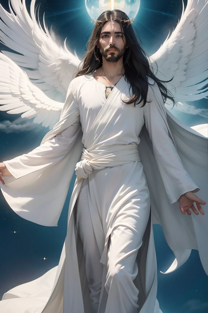 Title: "The Ascension: An Open Heaven and the Arrival of Jesus"

Description:
In this prompt, envision a scene of otherworldly transcendence and divine inspiration. Central to the composition, imagine Jesus Christ, enveloped in a celestial aura of light, standing peacefully above the earth. His arms are outstretched, beaming with welcome and compassion. His white robe billows gently in the wind, while his eyes radiate peace and boundless love. Around him, a multitude of people, symbolizing the diversity of humanity, gaze upward, bathed in a golden and gentle light emanating from the horizon.

The sky is a breathtaking