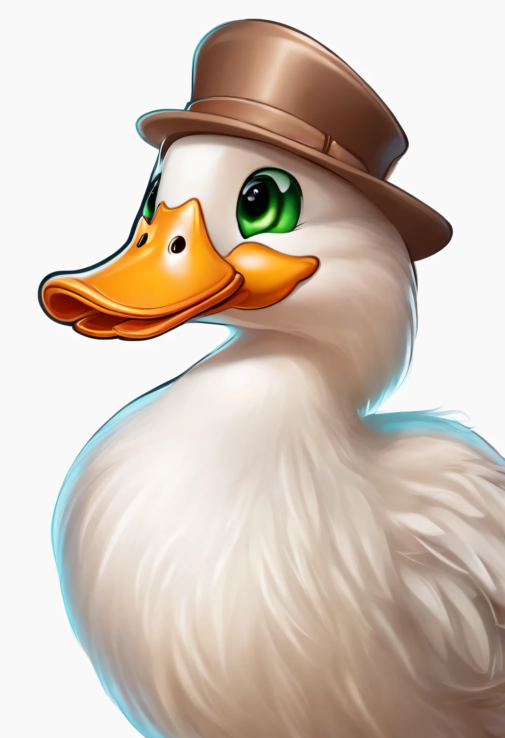 (best quality,sharp contours:1.1),comic-style sticker,vibrant colors,duck with brown hair and green eyes,cute,fluffy,white background