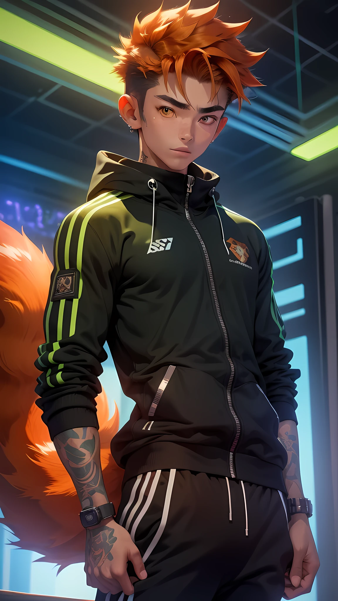 illustration, ((18 years old)), male japanese boy, detailed face expression, glowing green eyes, realistic eyes, highly detailed eyes, highly detailed skin, lots of freckles under eyes, natural ginger hair with animal ears on top, ((red squirrel ears)), ((red squirrel tail)), he has a tail coming out from butt, neck tattoo, right arm tattoo, cyberpunk night background, fully clothed in black tracksuit, ultra high textures, ultra high resolution, ultra high details,