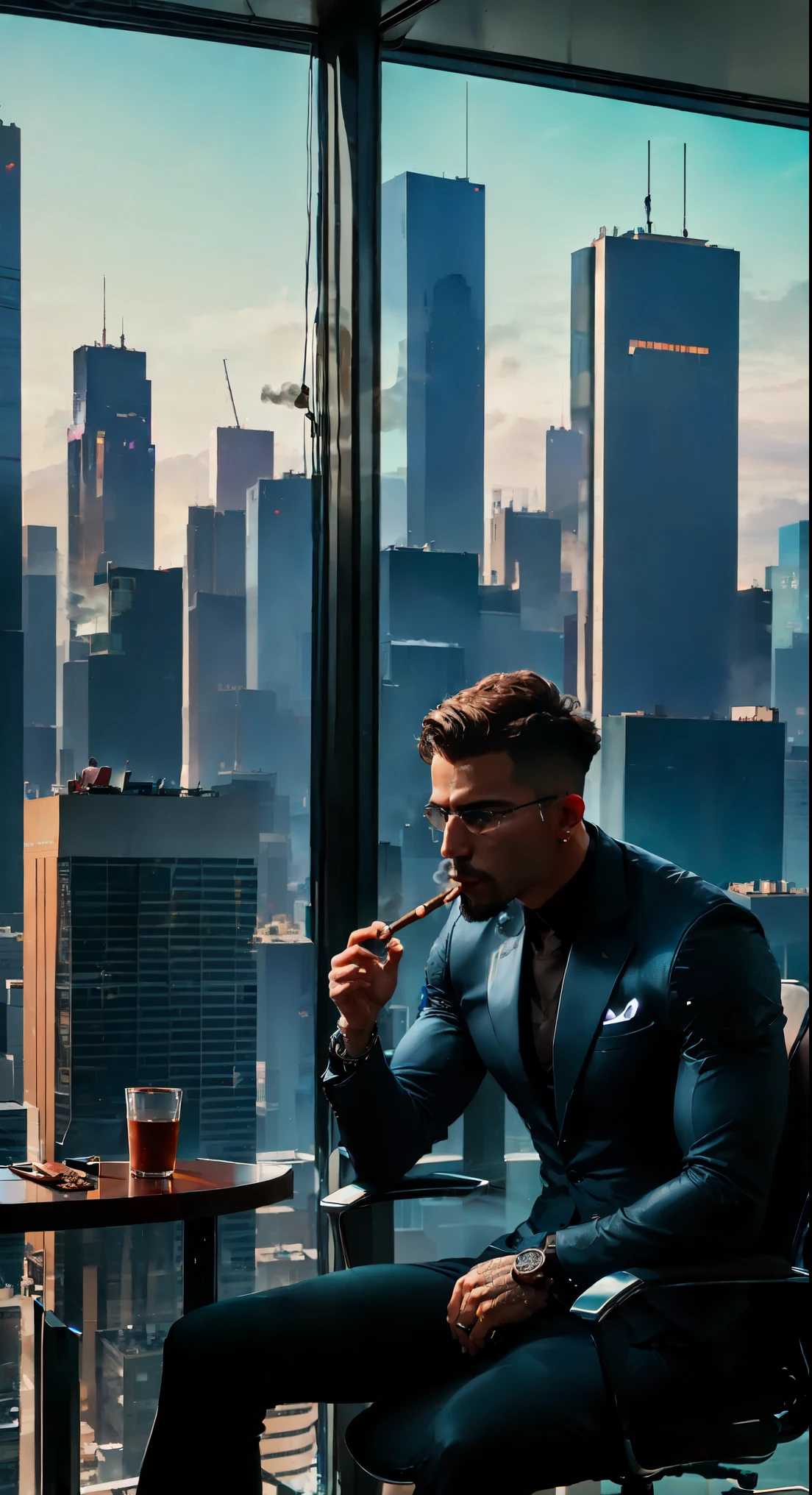 a skyscraper office in the big city, the cyborg man sits in a luxurious chair and holding a smoking cigar in his hand, high quality, absurdres, masterpiece, beautiful, intricate details, 1/2 body crop, slim body, beautiful figure, magnificent anatomy, (intricate details:1.12), HDR, (intricate details, hyper-detailing:1.15), (natural skin textures, hyper realisitc, soft light, Sharp:1.2)