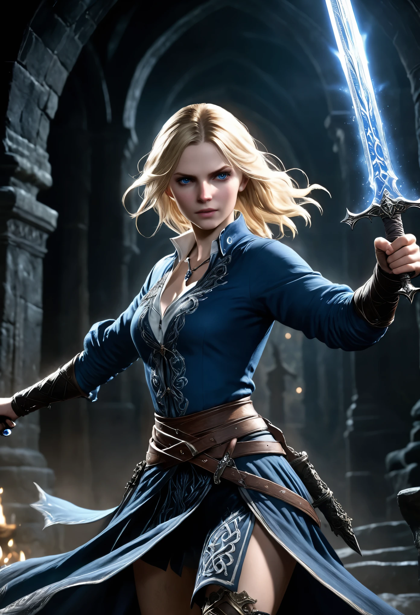 (Realisttic:1.2), Bloodborne ~ Dark Souls 3 ~ Elden Ring ~ ultra detailed, A Gorgeous blonde, dancing with the sword, in blue open shirt, black celtic pattern skirt, in dark cavern  with ice and crystals elements, action pose, holding a sword. blushing, teasing, Alluring. highly stylized. depth of field, bokeh effect, backlit, stylish, elegant, breathtaking, visually rich, masterpiece full body shot.
