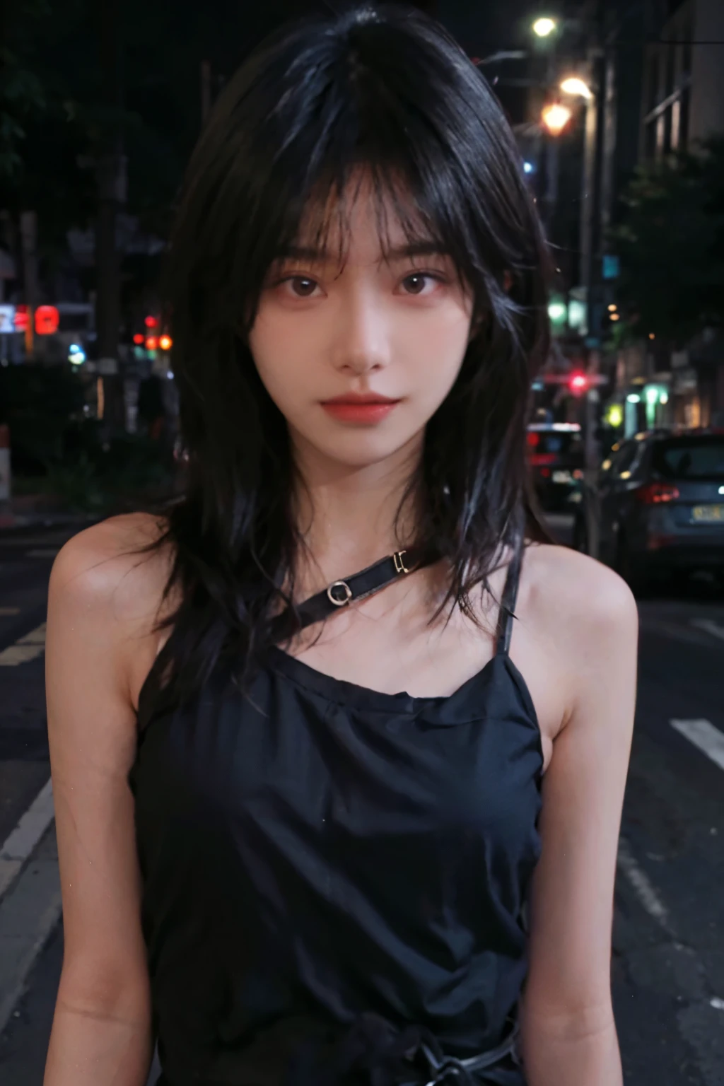 best quality, ultra high resolution, (realistically:1.4),2 girls ,focus:1.2, Beautiful woman with perfect body:1.4 ,looking at the audience, (street at night:1.3), Highly detailed facial and skin textures, delicate eyes, double eyelids,red lips,eye shadow,whiten skin,(air bangs:1.3),,(Thin strap top:1.4)